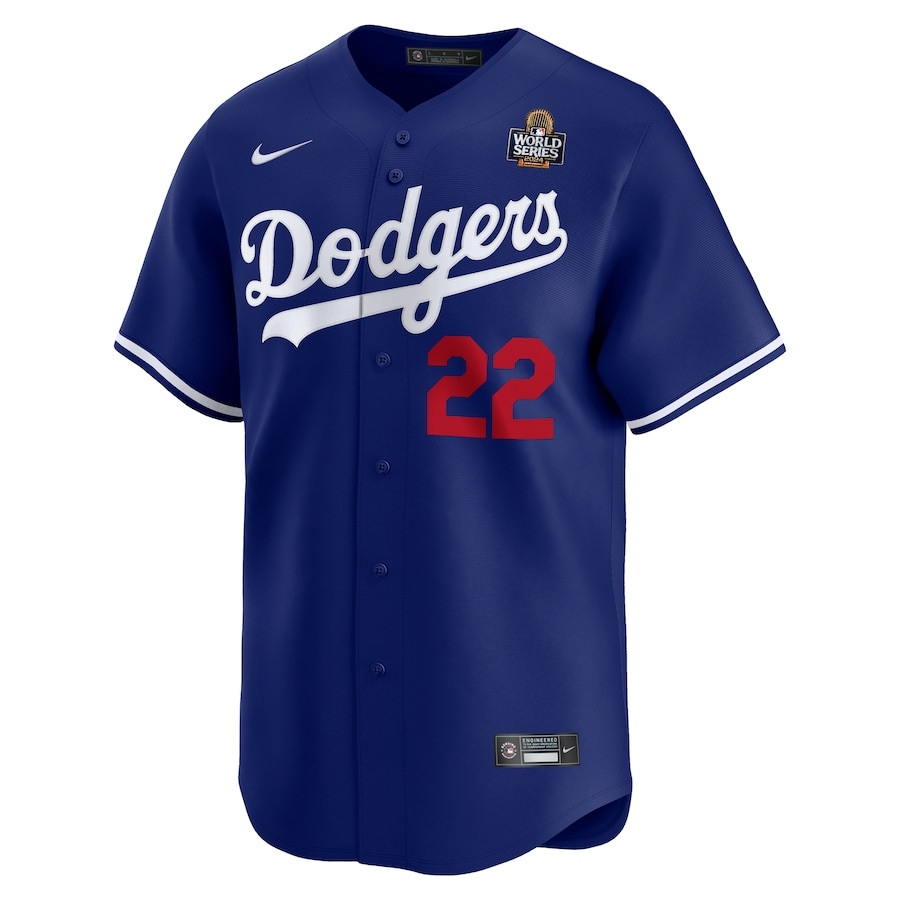 Alternative view of Clayton Kershaw 22 Los Angeles Dodgers 2024 World Series Home Limited Player Men Baseball Jersey - Royal 