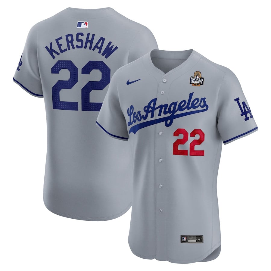 Clayton Kershaw 22 Los Angeles Dodgers 2024 World Series Road Elite Player Men Baseball Jersey - Gray 