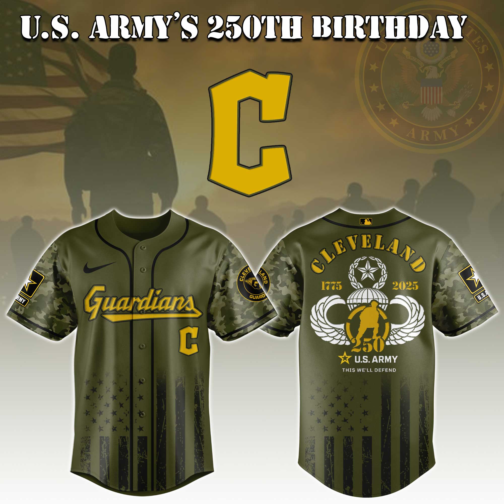 Cleveland Guardians Mlb X U.s. Army This We'll Defend Baseball Jersey