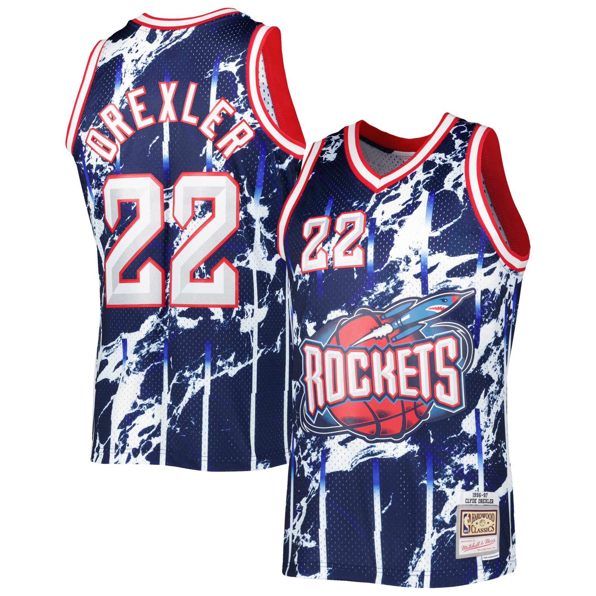 Alternative view of Clyde Drexler Houston Rockets Mitchell & Ness 1996/97 Hardwood Classics Marble Swingman Basketball Jersey - Navy