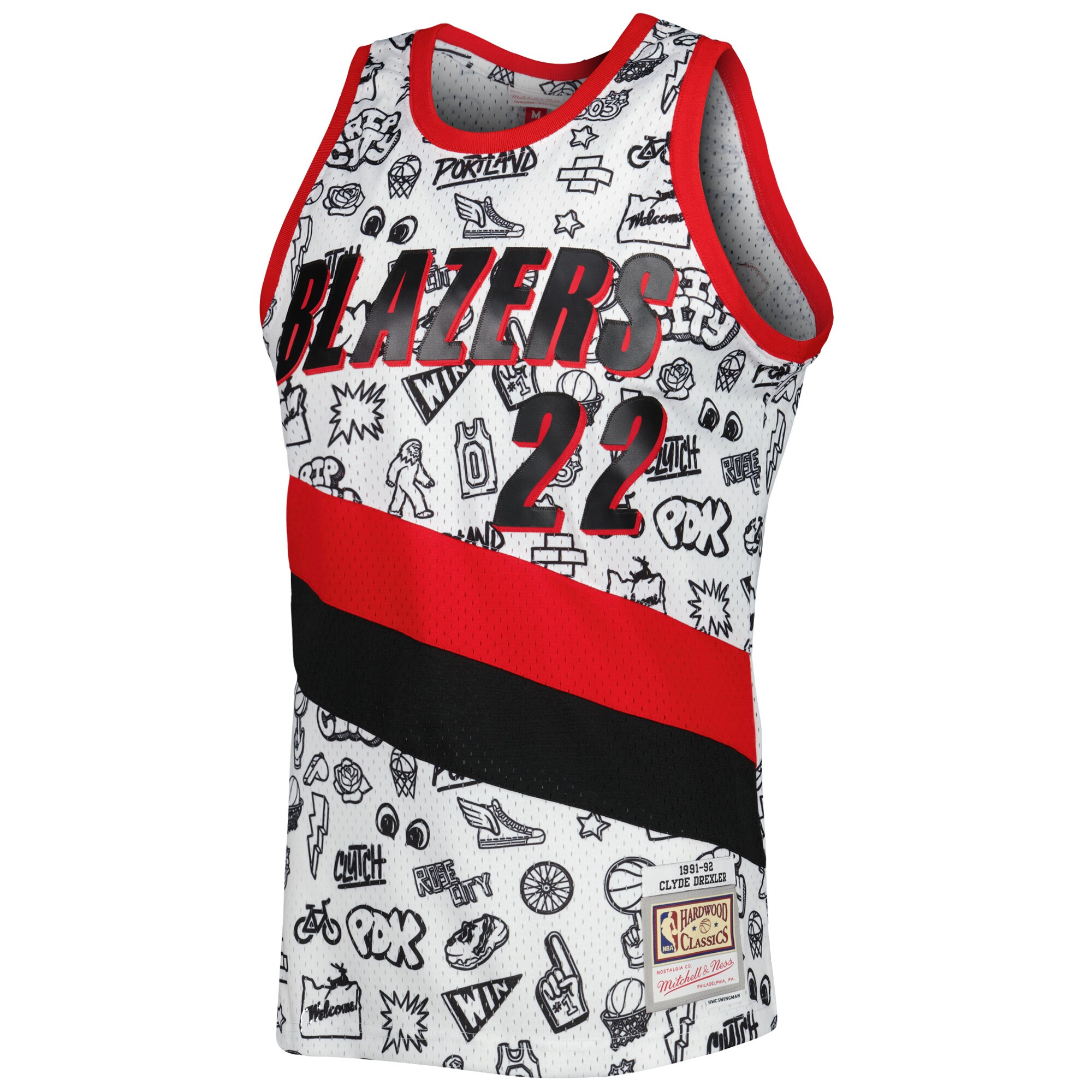 Alternative view of Clyde Drexler Portland Trail Blazers Mitchell & Ness 1991-92 Hardwood Classics Doodle Swingman Basketball Jersey - White