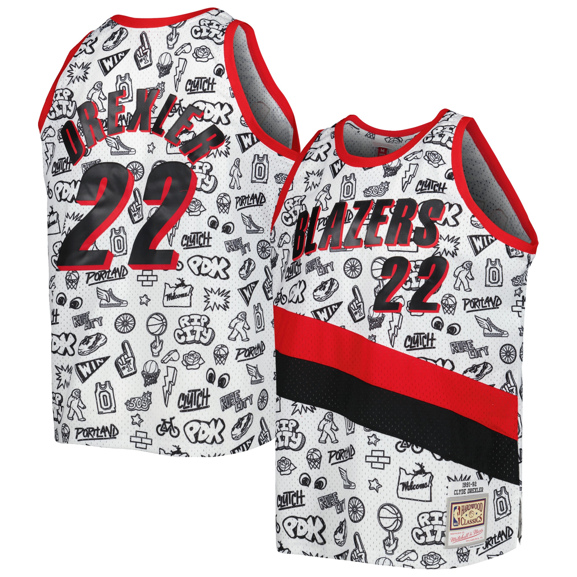 Clyde Drexler Portland Trail Blazers Mitchell & Ness 1991/92 Hardwood Classics Doodle Swingman Player Basketball Jersey - White