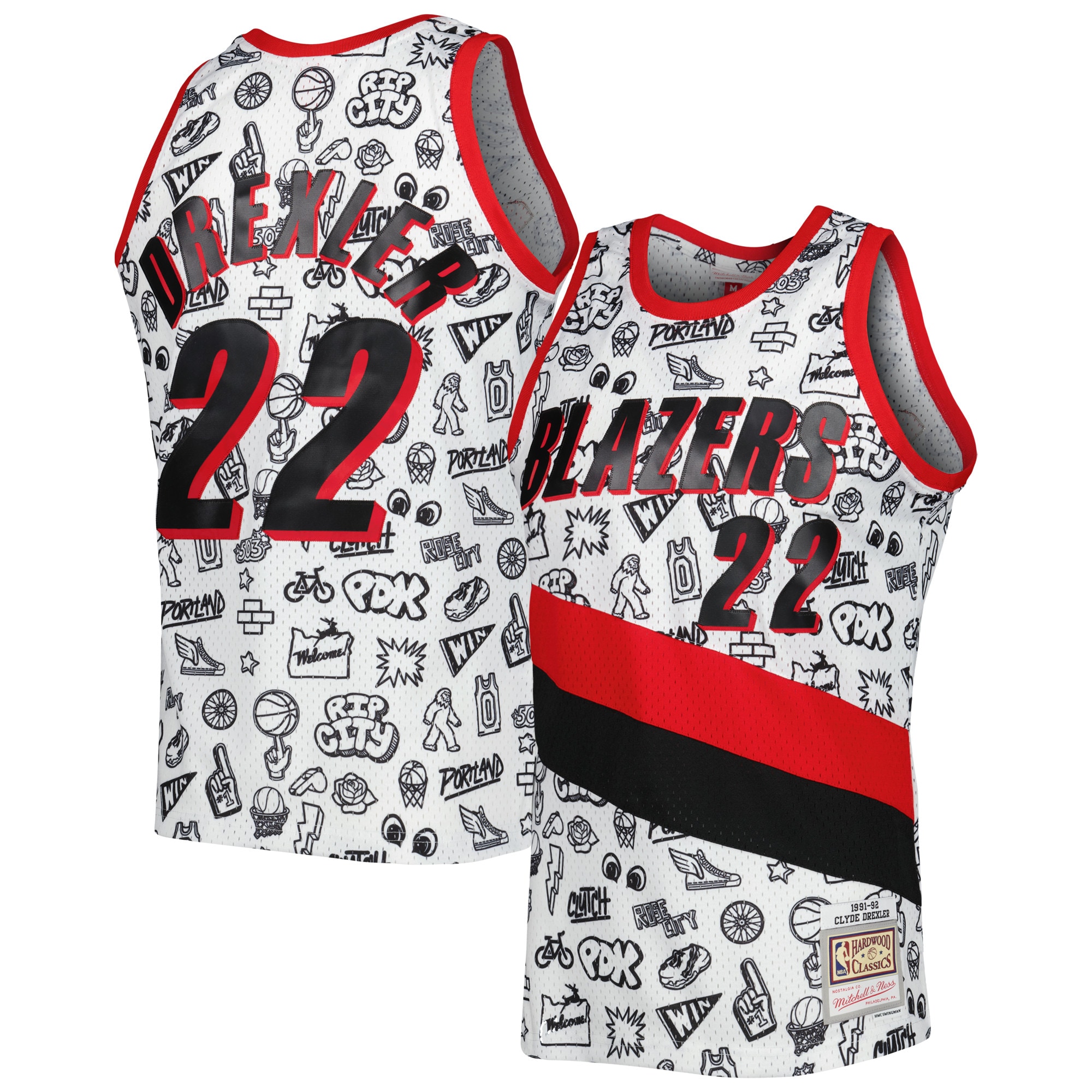 Clyde Drexler Portland Trail Blazers Mitchell & Ness 1991-92 Hardwood Classics Doodle Swingman Basketball Jersey - White