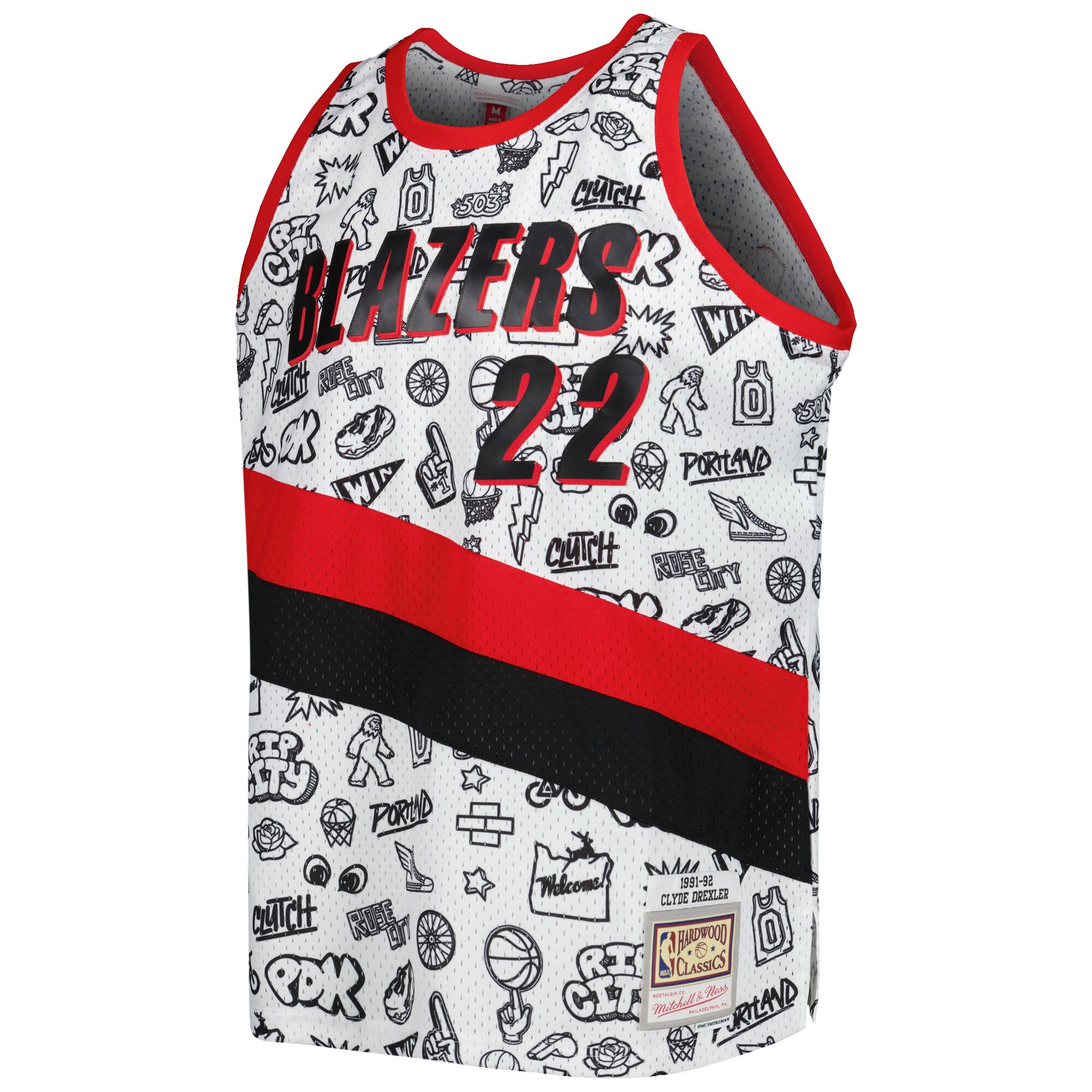 Alternative view of Clyde Drexler Portland Trail Blazers Mitchell & Ness 1991/92 Hardwood Classics Doodle Swingman Player Basketball Jersey - White