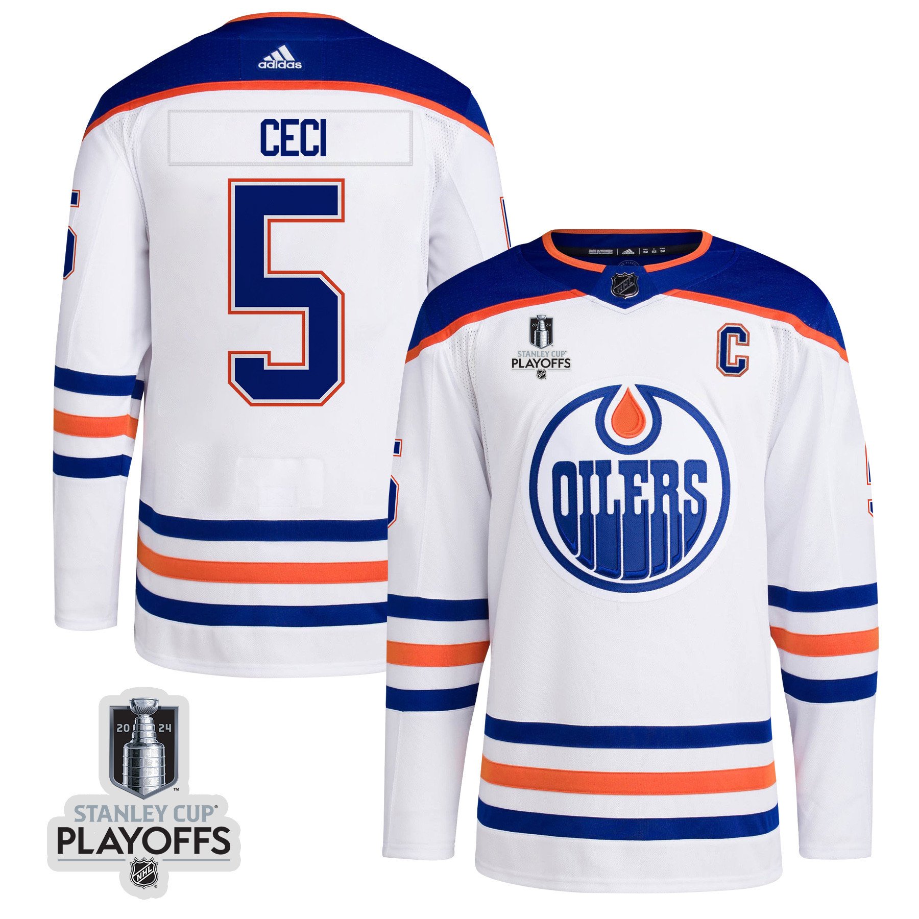 Cody Ceci 5 Edmonton Oilers 2024 NHL Playoffs Patch Away Hockey Jersey - Men, White - JS900 