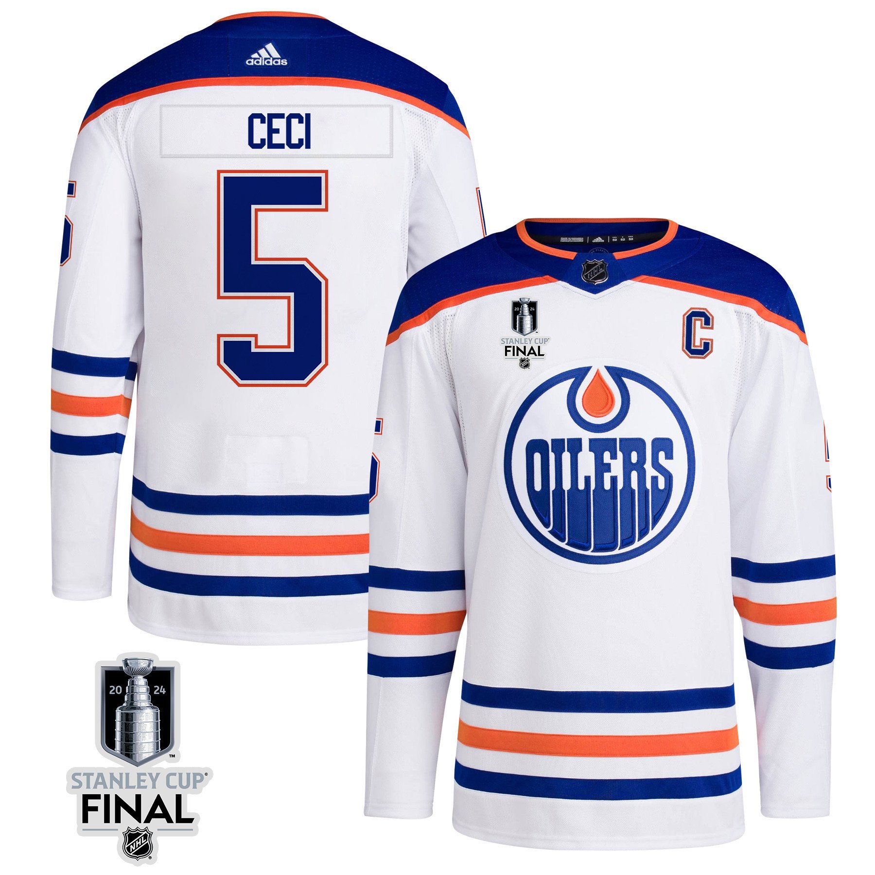 Cody Ceci 5 Edmonton Oilers 2024 STANLEY CUP Final Away Hockey Jersey - Men, White - JS898 