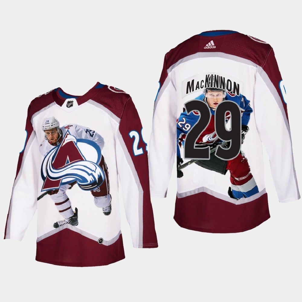 Colorado Avalanche 29 Nathan MacKinnon Stanley Cup Playoffs White Equipment Hockey Jersey Fashion - JS863 
