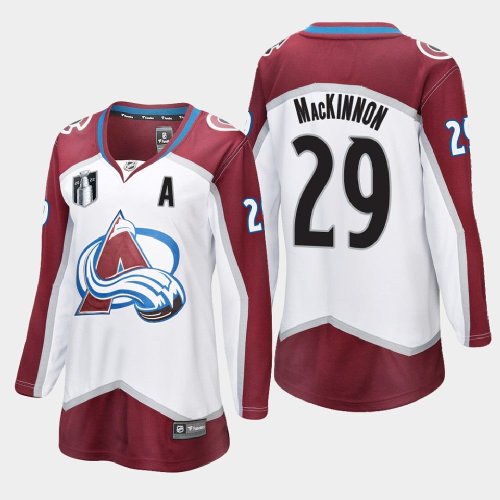 Colorado Avalanche Nathan MacKinnon 29 White 2022 Stanley Cup Final Away Hockey Jersey Women - JS808 