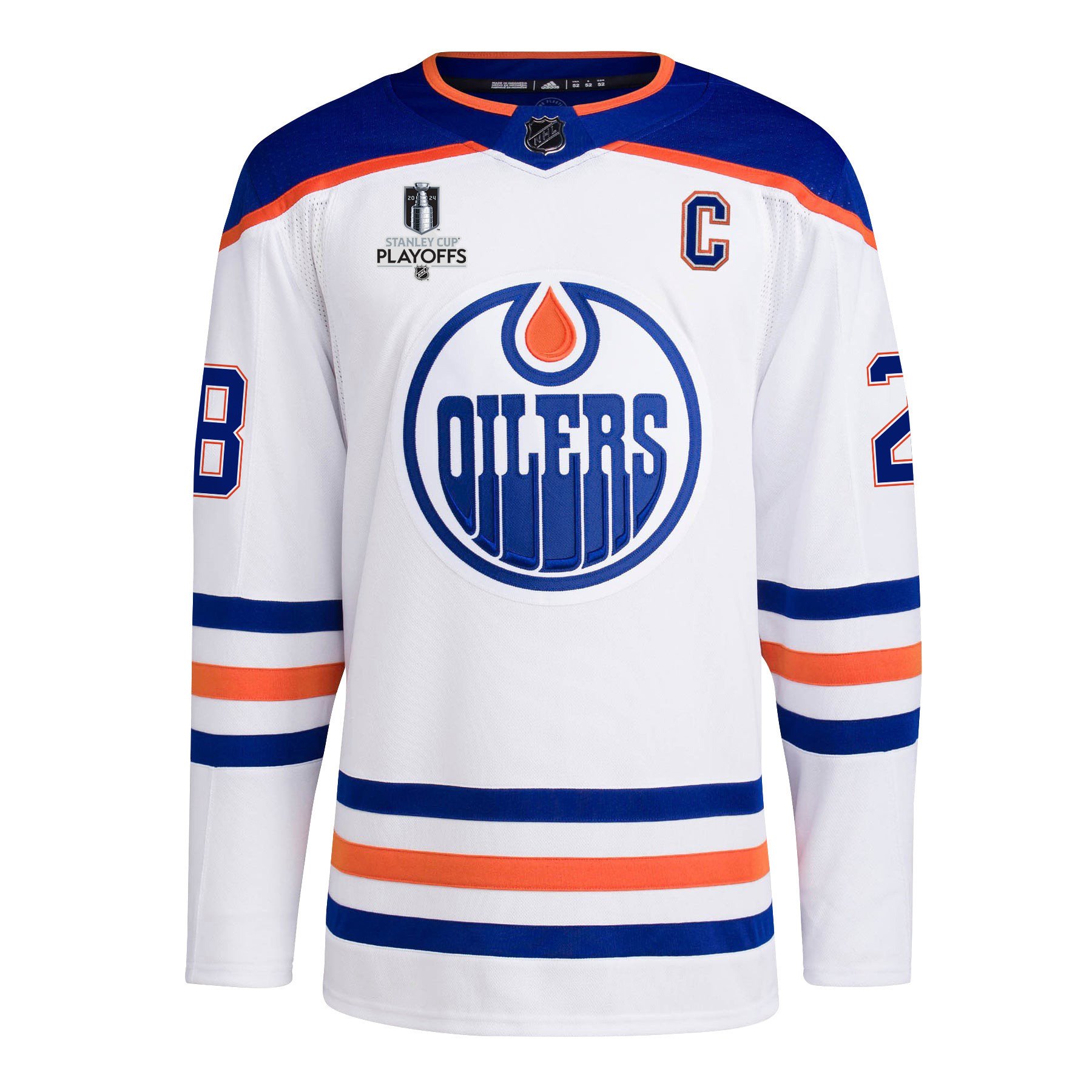 Alternative view of Connor Brown 28 Edmonton Oilers 2024 NHL Playoffs Patch Away Hockey Jersey - Men, White - JS706 
