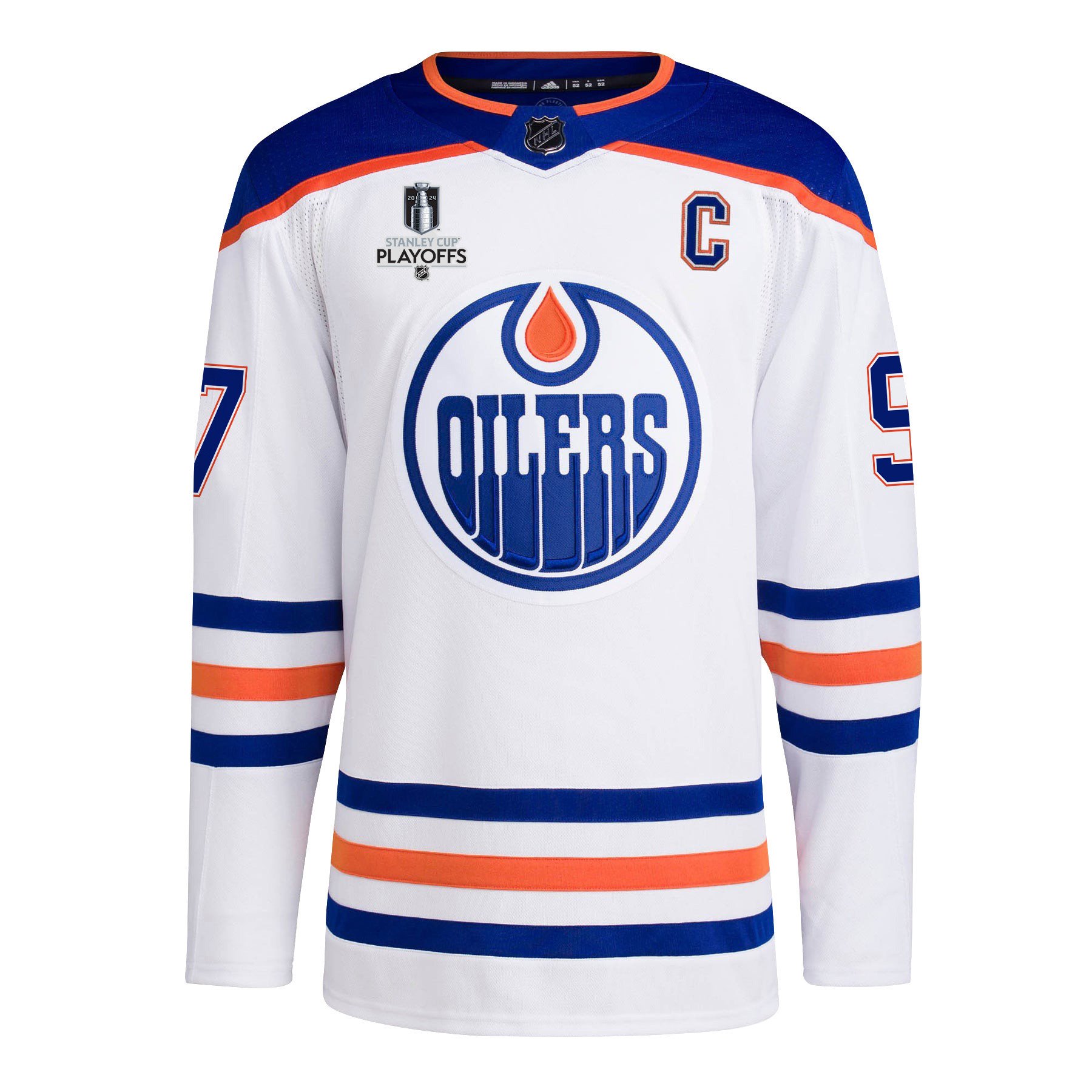 Alternative view of Connor McDavid 97 Edmonton Oilers 2024 NHL Playoffs Patch Away Hockey Jersey - Men, White - JS290 