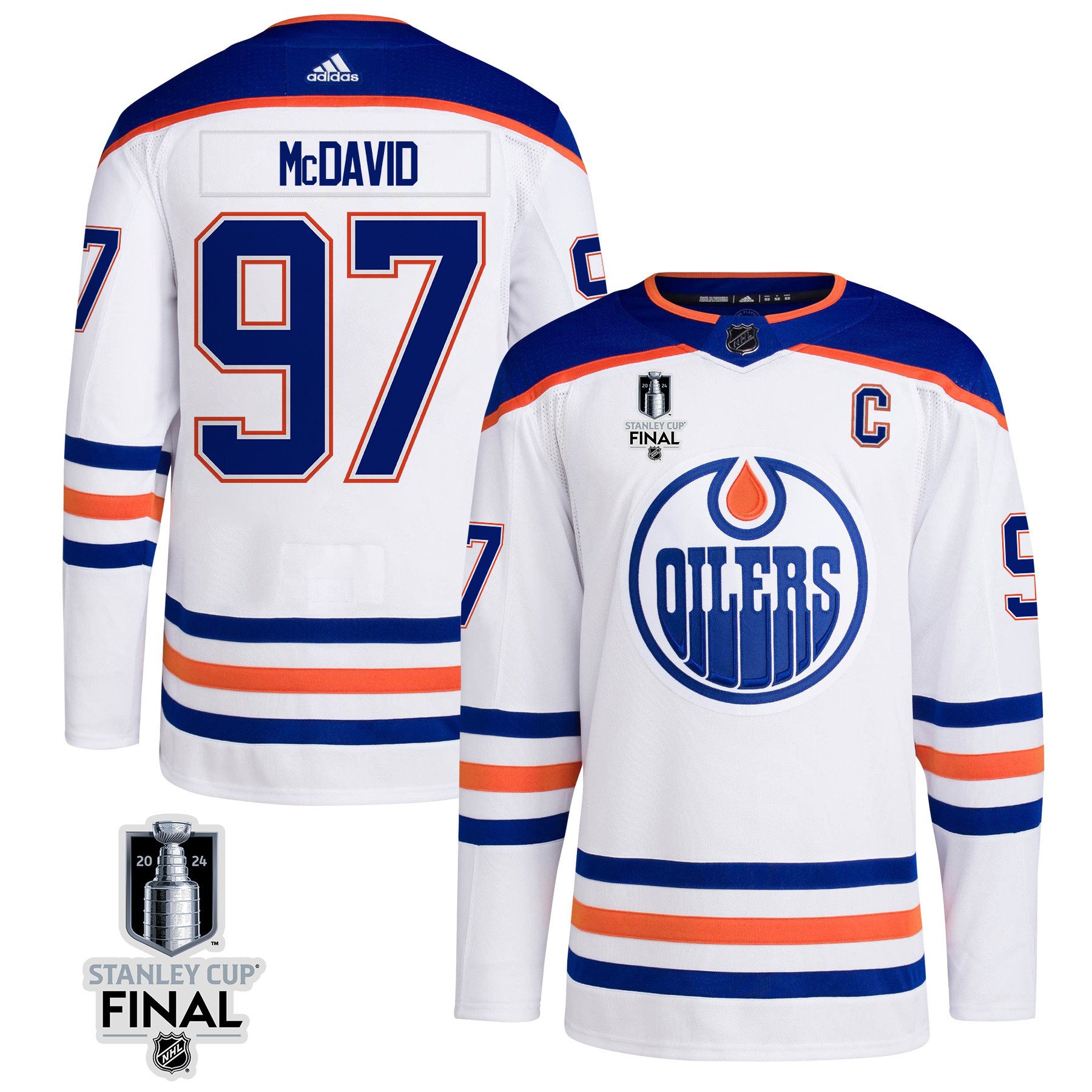 Connor McDavid 97 Edmonton Oilers 2024 STANLEY CUP Final Away Hockey Jersey - Men, White - JS870 