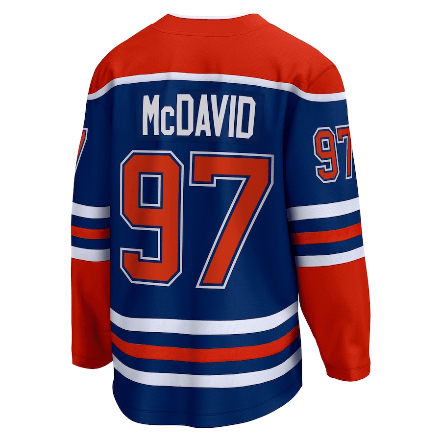 Alternative view of Connor McDavid 97 Edmonton Oilers 2024 Stanley Cup Final Home Breakaway Player Hockey Jersey - Royal - JS416 