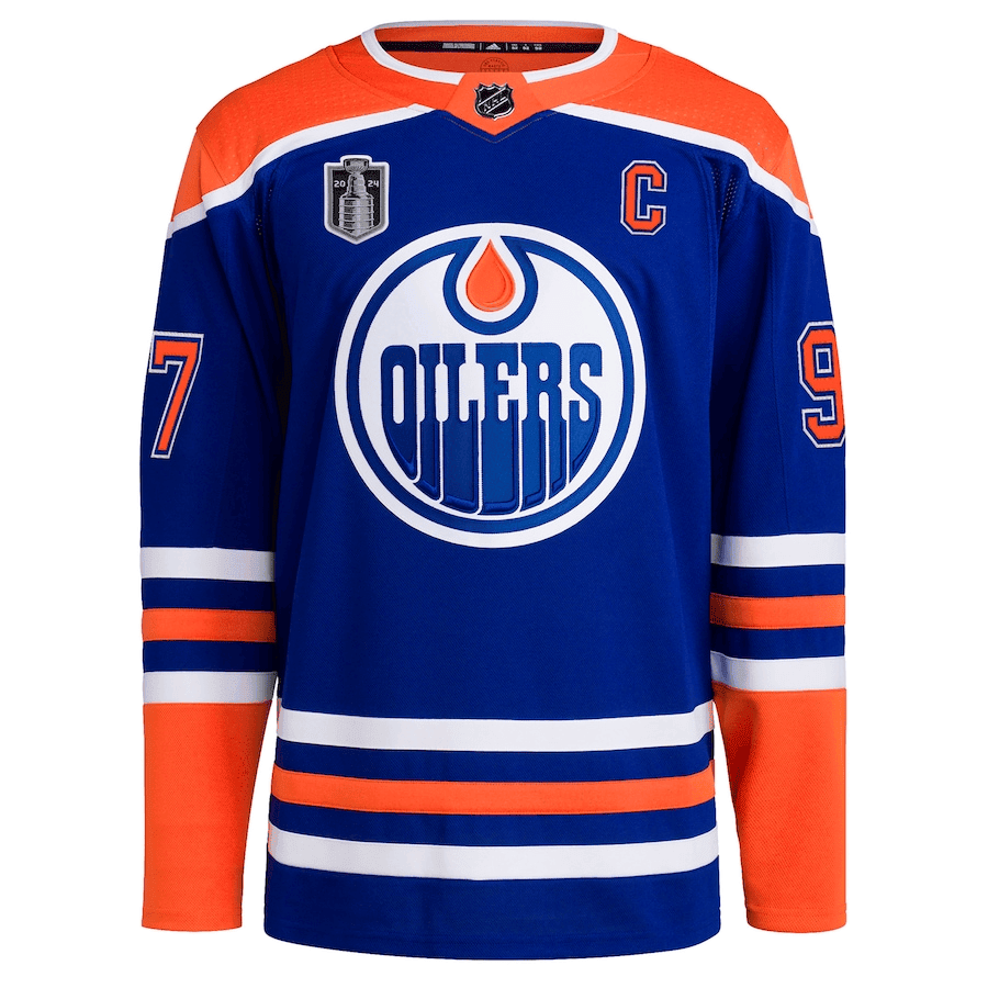 Alternative view of Connor McDavid 97 Edmonton Oilers 2024 Stanley Cup Final Home Primegreen Player Hockey Jersey – Royal - JS443 