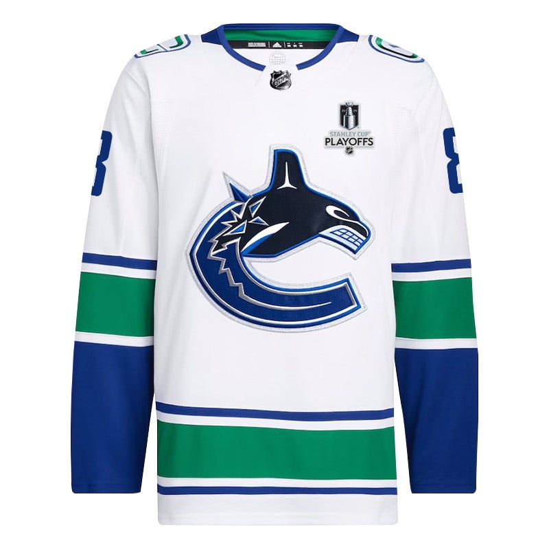 Alternative view of Conor Garland 8 Vancouver Canucks 2024 NHL Playoffs Patch Away Hockey Jersey - Men, White - JS737 