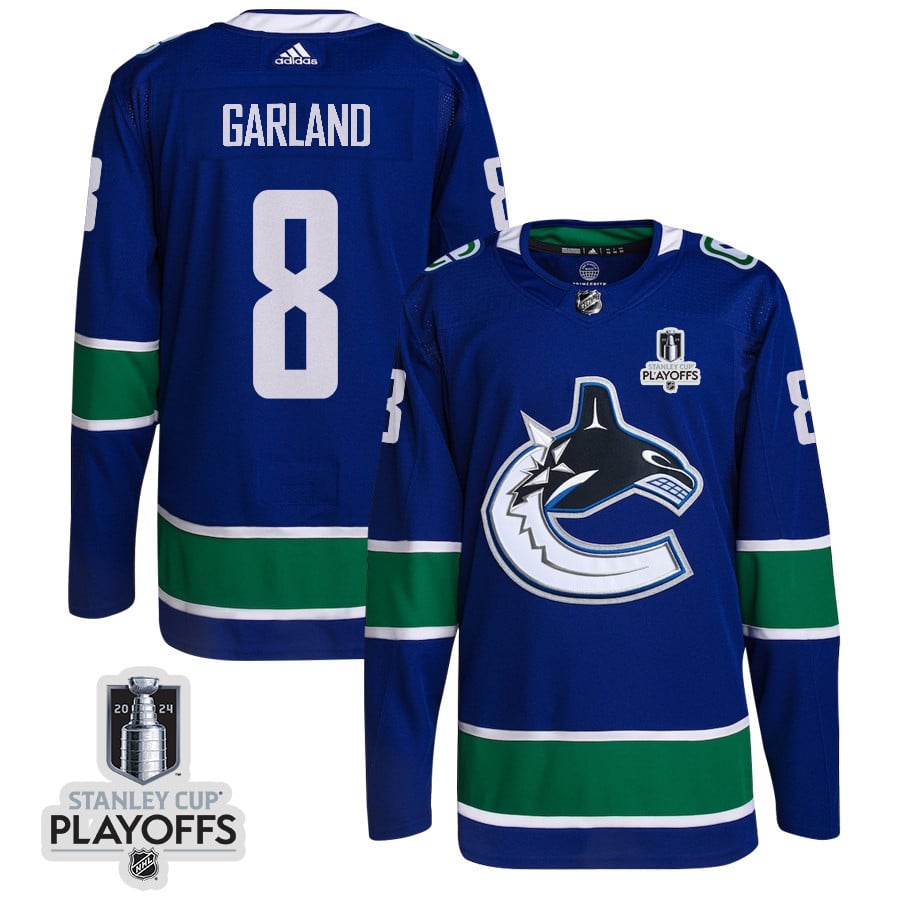 Conor Garland 8 Vancouver Canucks 2024 NHL Playoffs Patch Home Hockey Jersey - Men, Blue - JS283 
