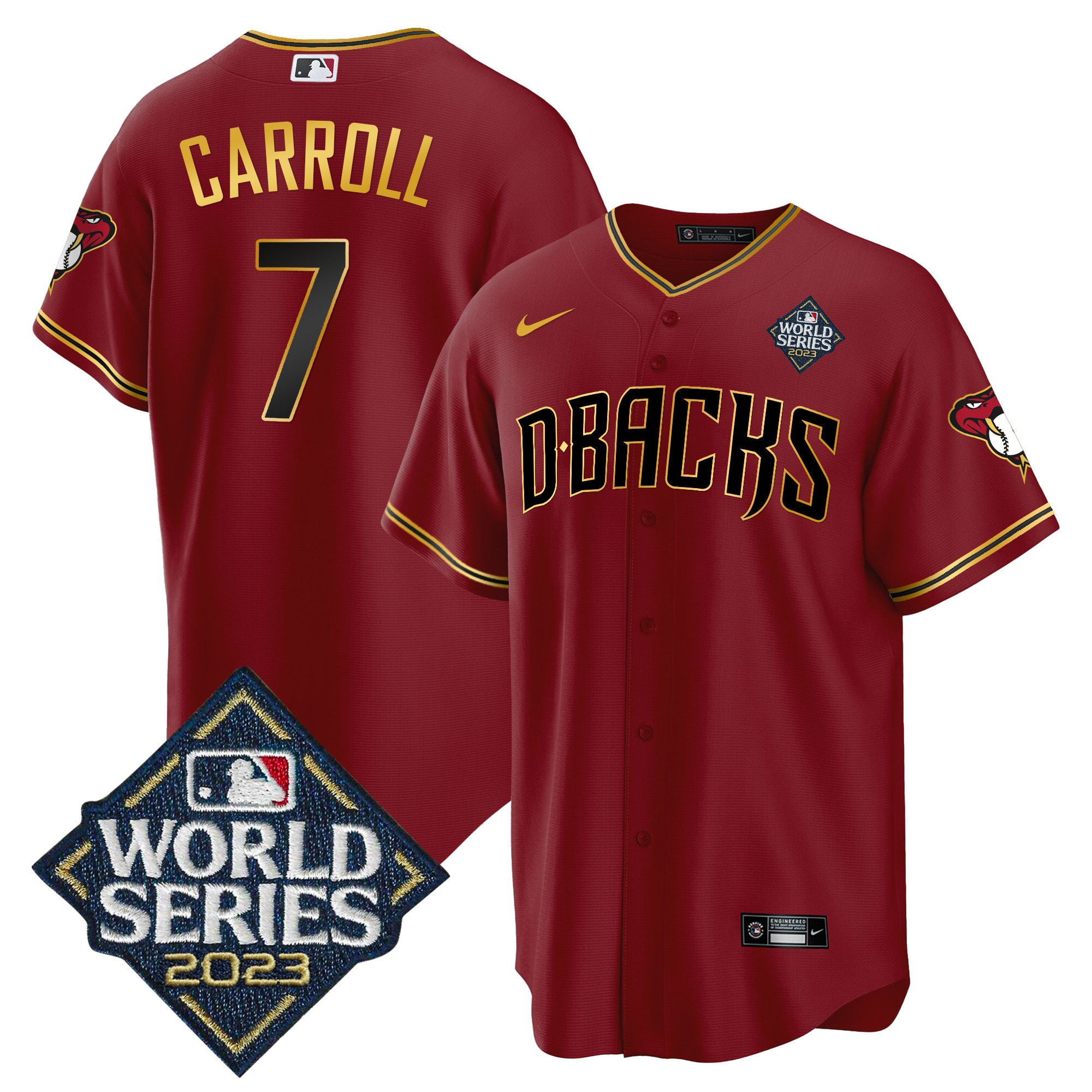 Corbin Carroll 7 Arizona Diamondbacks 2023 World Series Men Baseball Jersey - Crimson Gold
