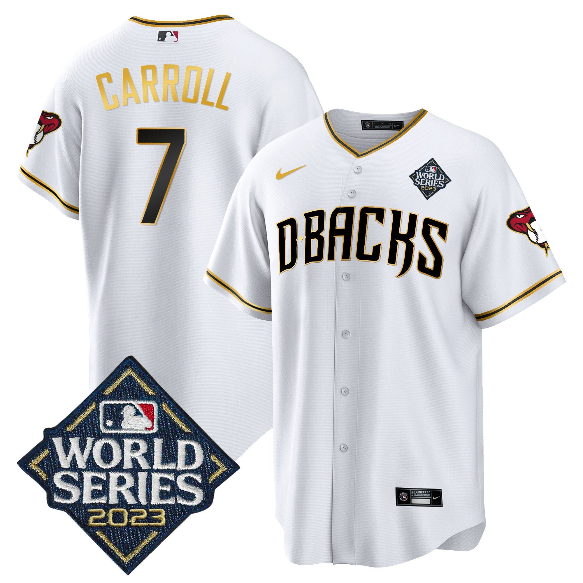 Corbin Carroll 7 Arizona Diamondbacks 2023 World Series Men Baseball Jersey - White Gold