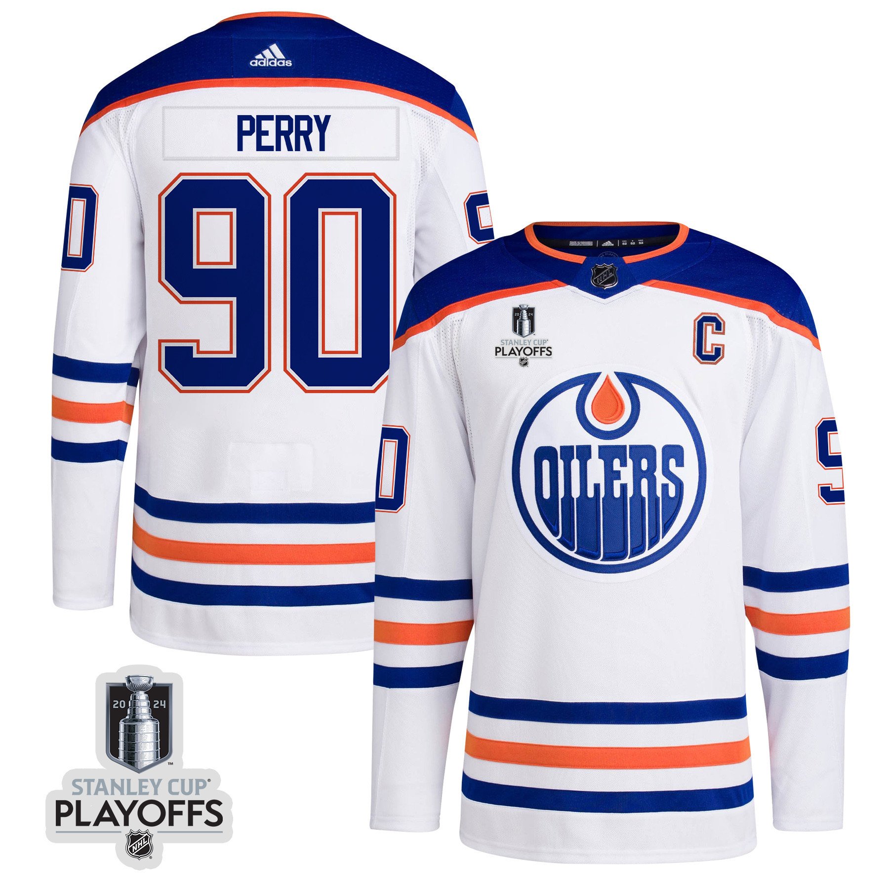 Corey Perry 90 Edmonton Oilers 2024 NHL Playoffs Patch Away Hockey Jersey - Men, White - JS240 