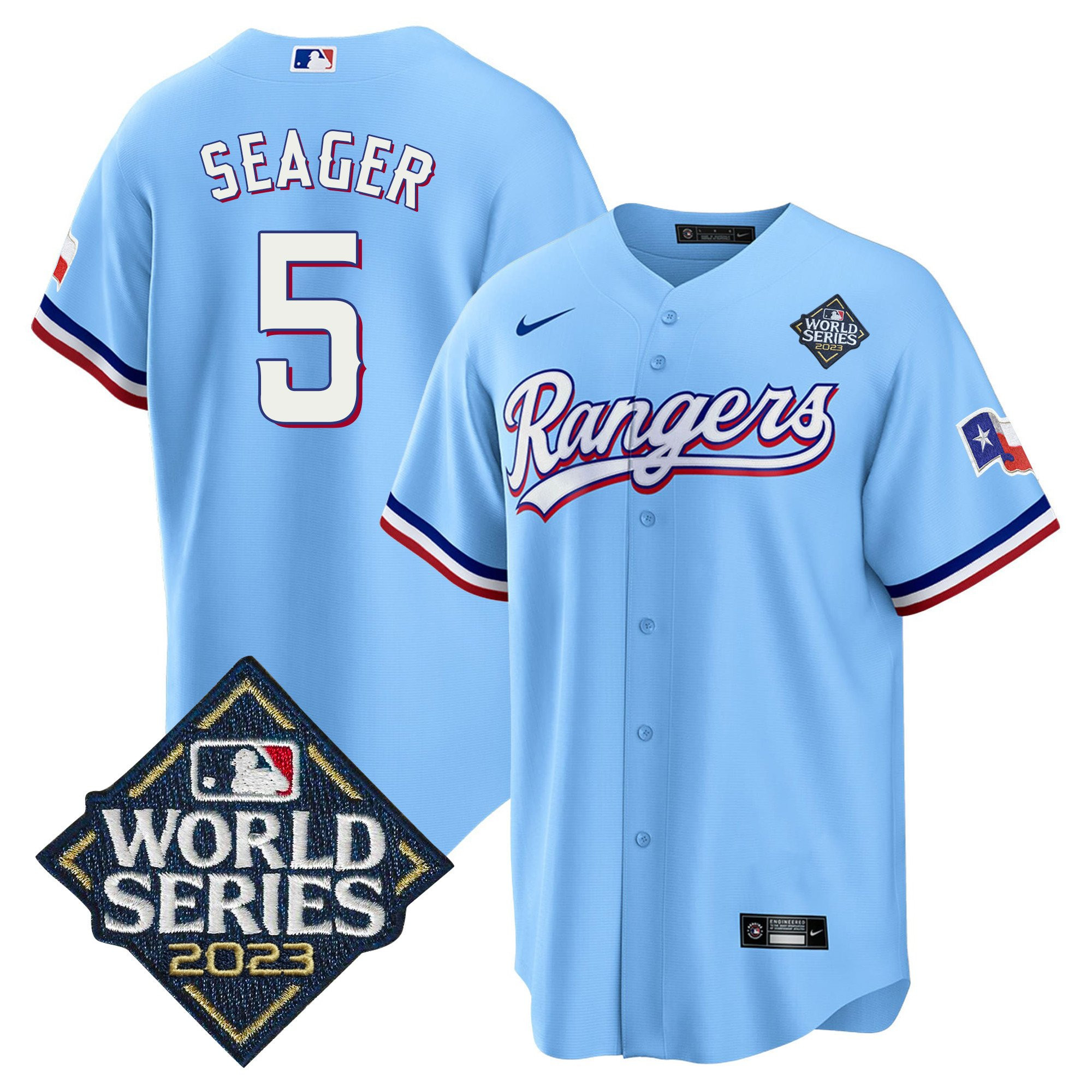 Corey Seager 5 Texas Rangers 2023 World Series Stitched Baseball Jersey - Blue - JS131 