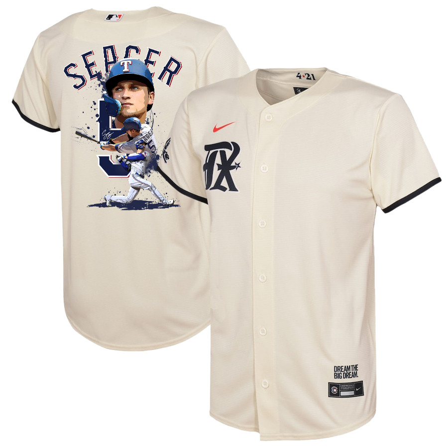 Corey Seager 5 Texas Rangers Signed Posture 2023 City Connect Player YOUTH Baseball Jersey - Cream - JS190 