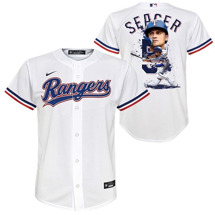 Corey Seager 5 Texas Rangers Signed Posture 2023 Home Player YOUTH Baseball Jersey - White - JS303 