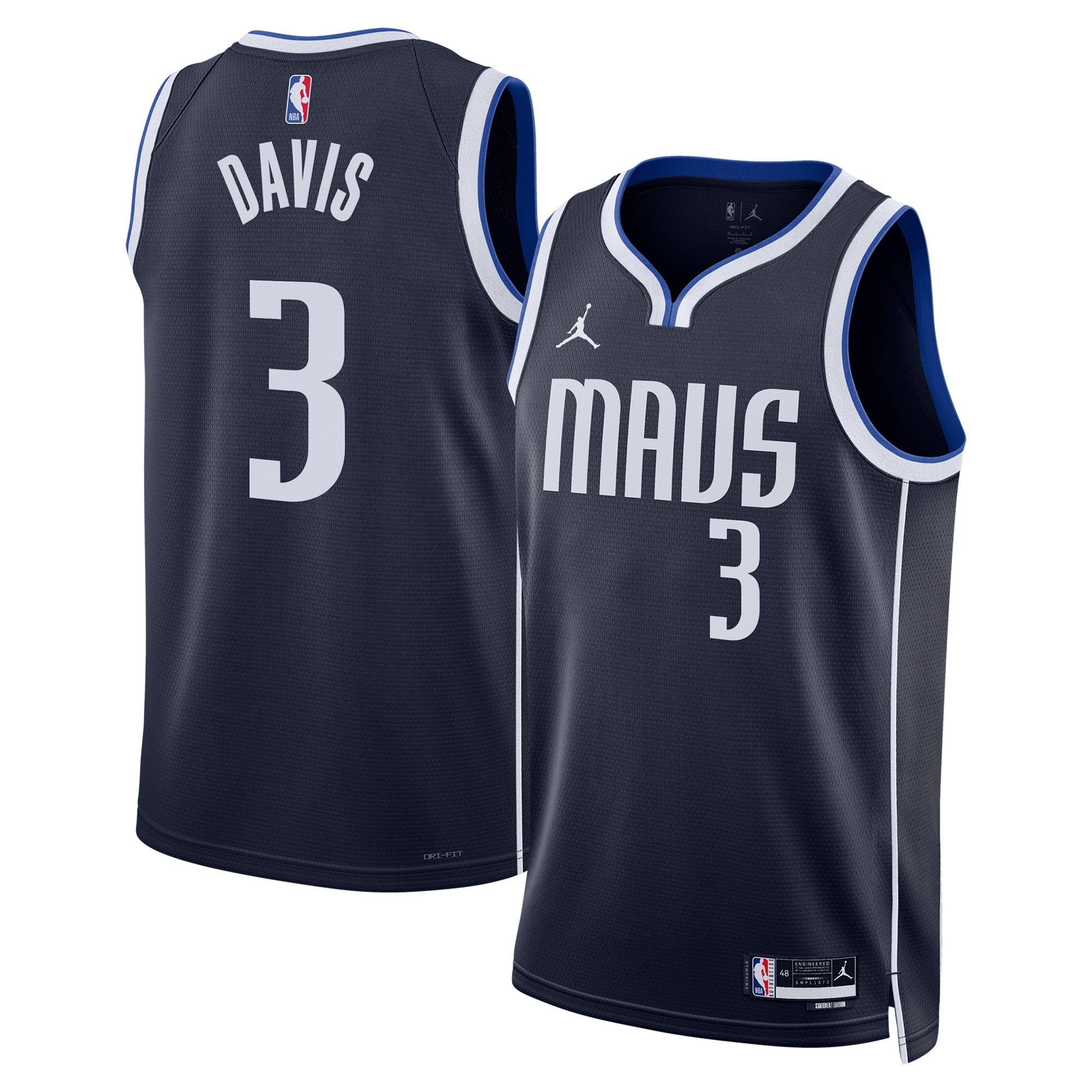 Dallas Mavericks Jordan Brand Statement Edition Swingman Basketball Jersey - Navy - Anthony Davis - Unisex - JS500 