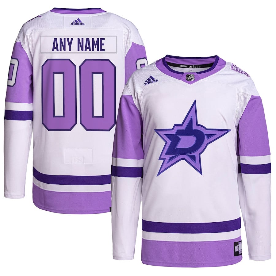 Dallas Stars Hockey Fights Cancer Primegreen Custom Men Hockey Jersey - White/Purple - JS937 