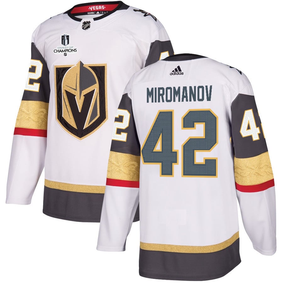 Daniil Miromanov 42 Vegas Golden Knights Stanley Cup 2023 Champions Patch Away Breakaway Men Hockey Jersey - White - JS512 