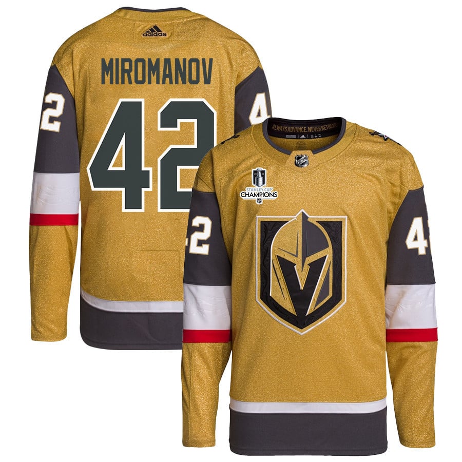 Daniil Miromanov 42 Vegas Golden Knights Stanley Cup 2023 Champions Patch Home Breakaway Men Hockey Jersey - Gold - JS655 