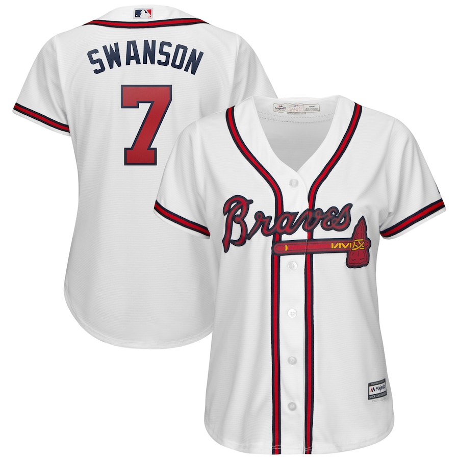 Dansby Swanson Atlanta Braves Majestic Women's 2019 Home Cool Base Player Baseball Jersey - White