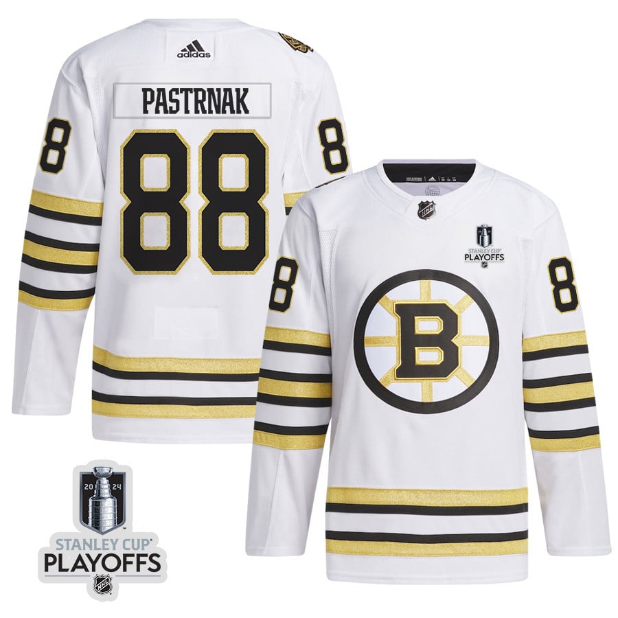 David Pastrnak 88 Boston Bruins 2024 NHL Playoffs Patch Away Hockey Jersey - Men, White - JS780 