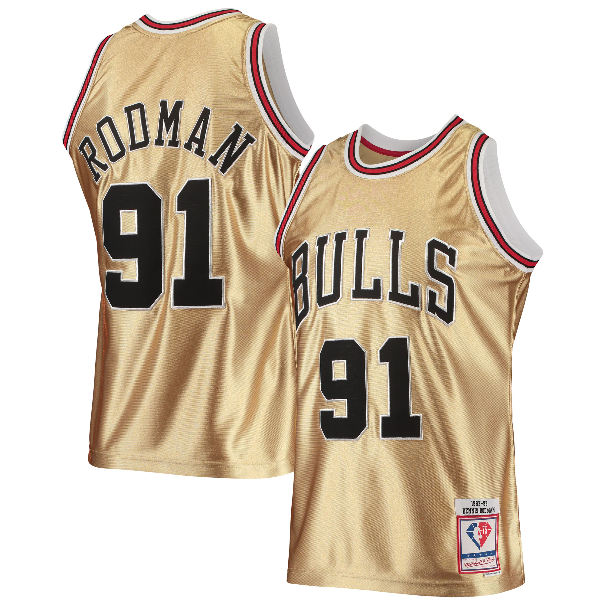 Alternative view of Dennis Rodman Chicago Bulls Mitchell & Ness 75th Anniversary 1997/98 Hardwood Classics Swingman Basketball Jersey - Gold