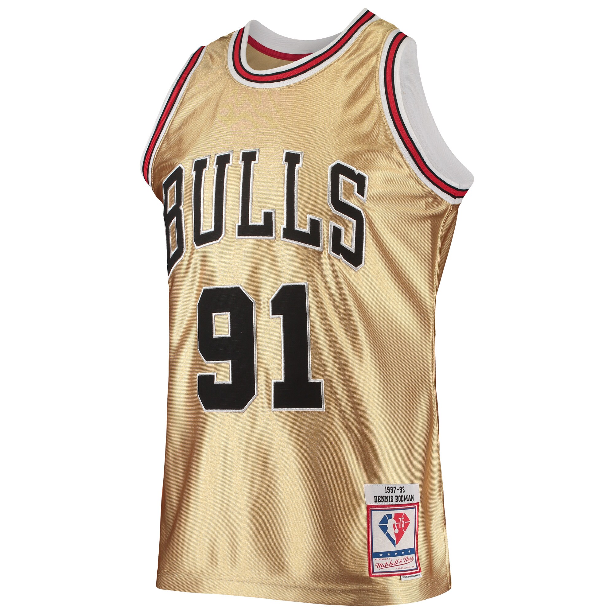Alternative view of Dennis Rodman Chicago Bulls Mitchell & Ness 75th Anniversary 1997/98 Hardwood Classics Swingman Basketball Jersey - Gold