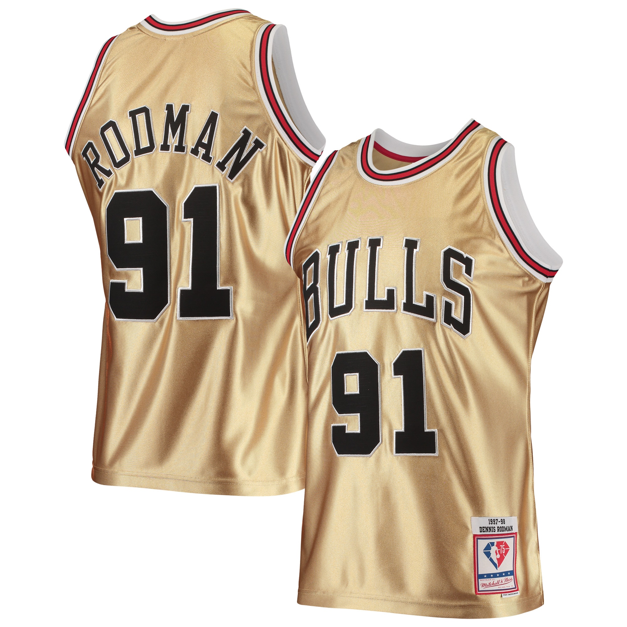 Dennis Rodman Chicago Bulls Mitchell & Ness 75th Anniversary 1997/98 Hardwood Classics Swingman Basketball Jersey - Gold
