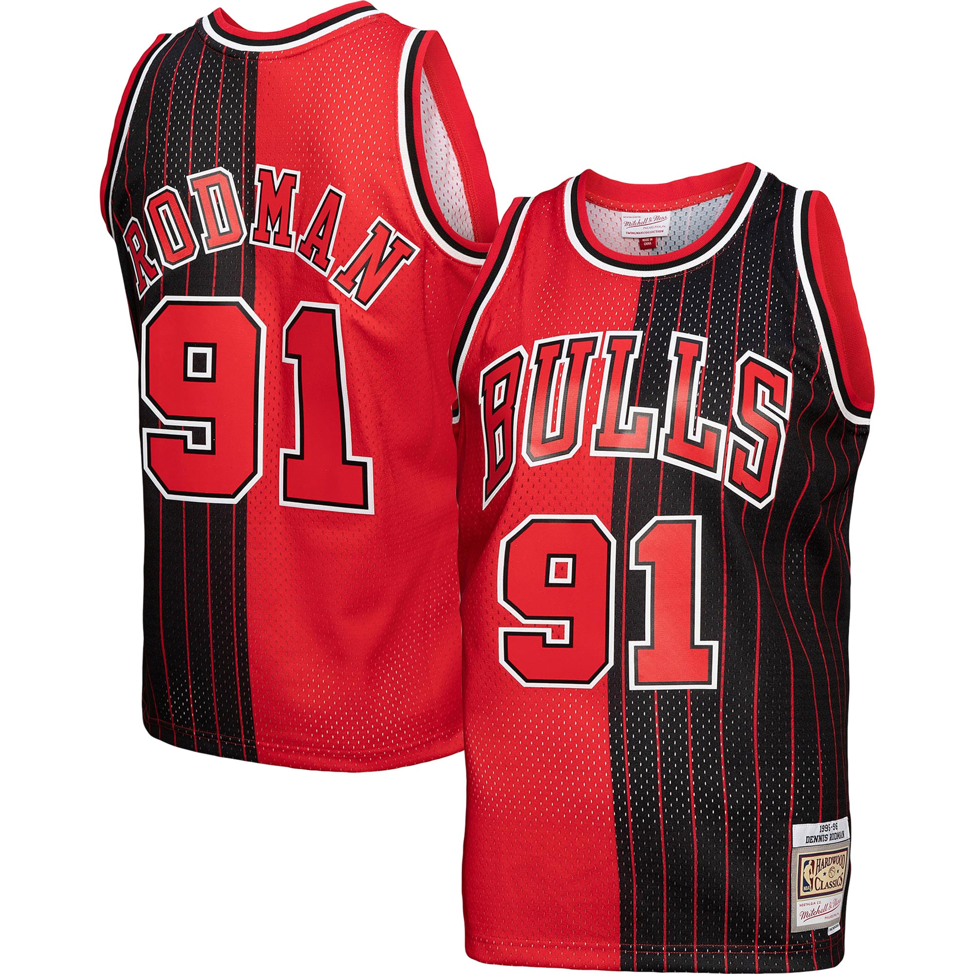 Dennis Rodman Chicago Bulls Mitchell & Ness Hardwood Classics 1995/96 Split Swingman Basketball Jersey - Red/black
