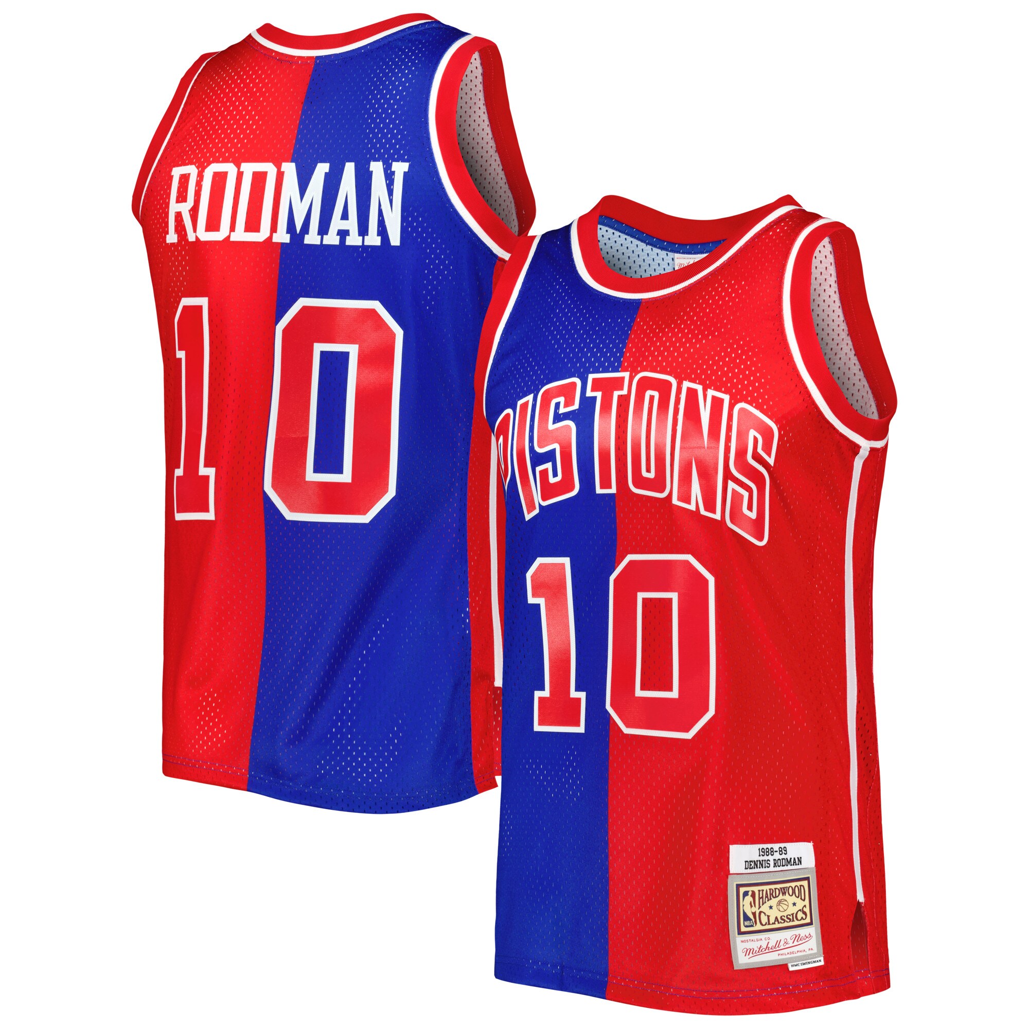 Alternative view of Dennis Rodman Detroit Pistons Mitchell & Ness Hardwood Classics 1988/89 Split Swingman Basketball Jersey - Blue/red