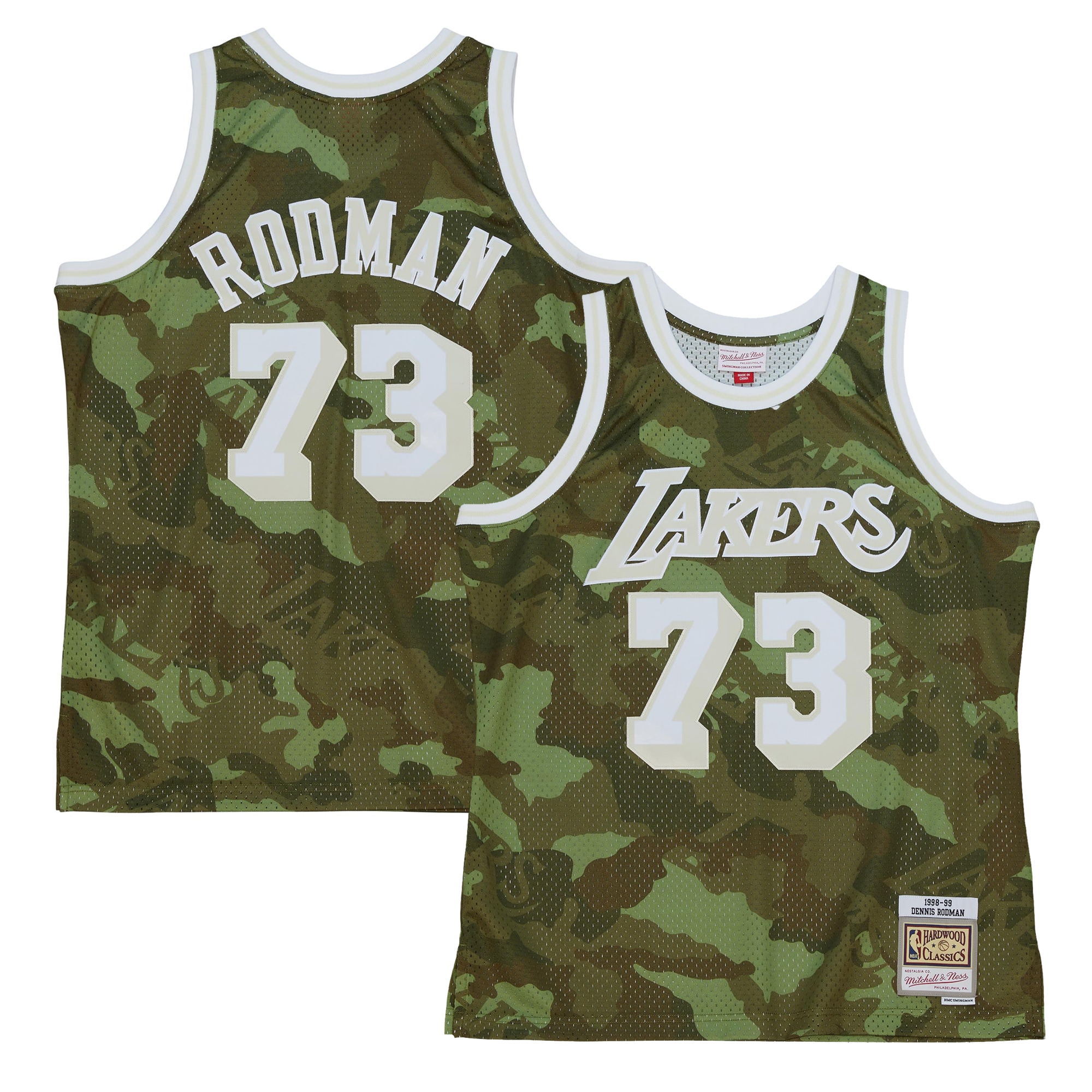 Dennis Rodman Los Angeles Lakers Mitchell & Ness Hardwood Classics 1998/99 Ghost Green Swingman Basketball Jersey - Camo