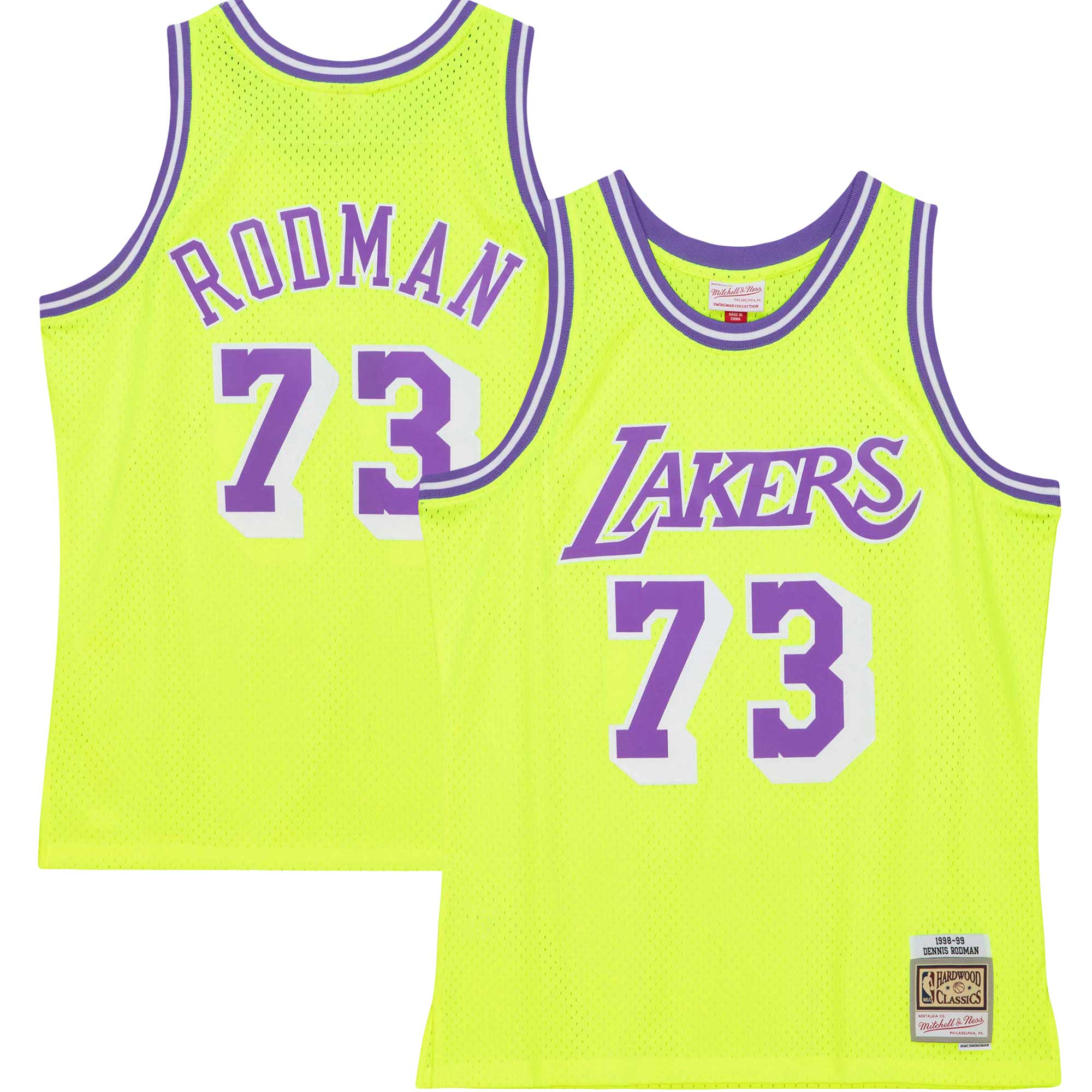 Dennis Rodman Los Angeles Lakers Mitchell & Ness Hardwood Classics 1998/99 Tropical Swingman Basketball Jersey - Neon Yellow