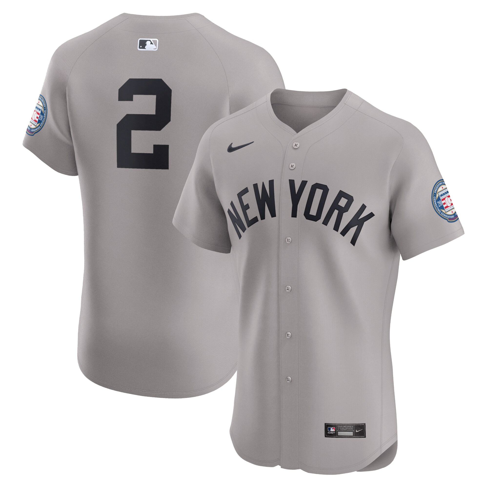 Derek Jeter New York Yankees Road 2020 Hall Of Fame Induction Patch Elite Player Baseball Jersey - Gray