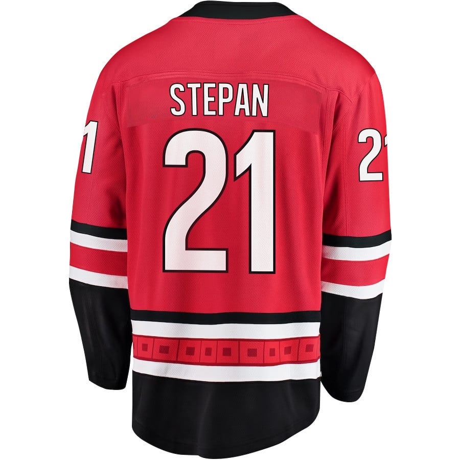 Alternative view of Derek Stepan 21 Carolina Hurricanes Stanley Cup 2023 Playoffs Patch Home Breakaway Men Hockey Jersey - Red - JS662 