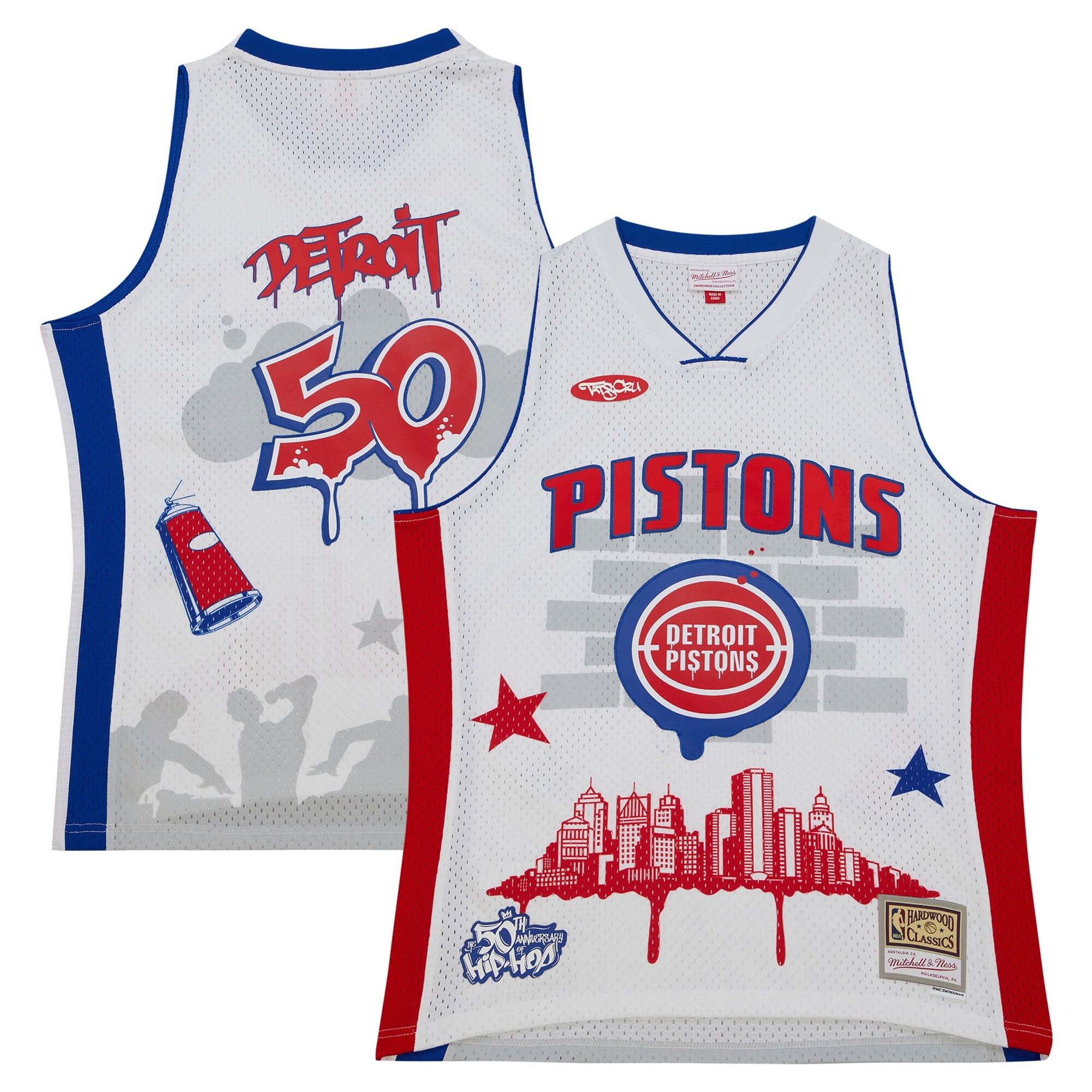 Detroit Pistons Mitchell & Ness X Tats Cru Hardwood Classics Fashion Basketball Jersey - White