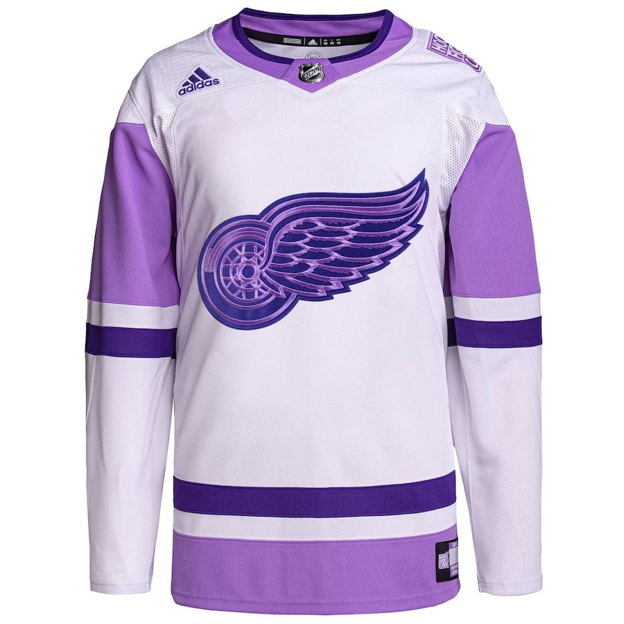 Alternative view of Detroit Red Wings Hockey Fights Cancer Primegreen Men Hockey Jersey - White/Purple - JS324 