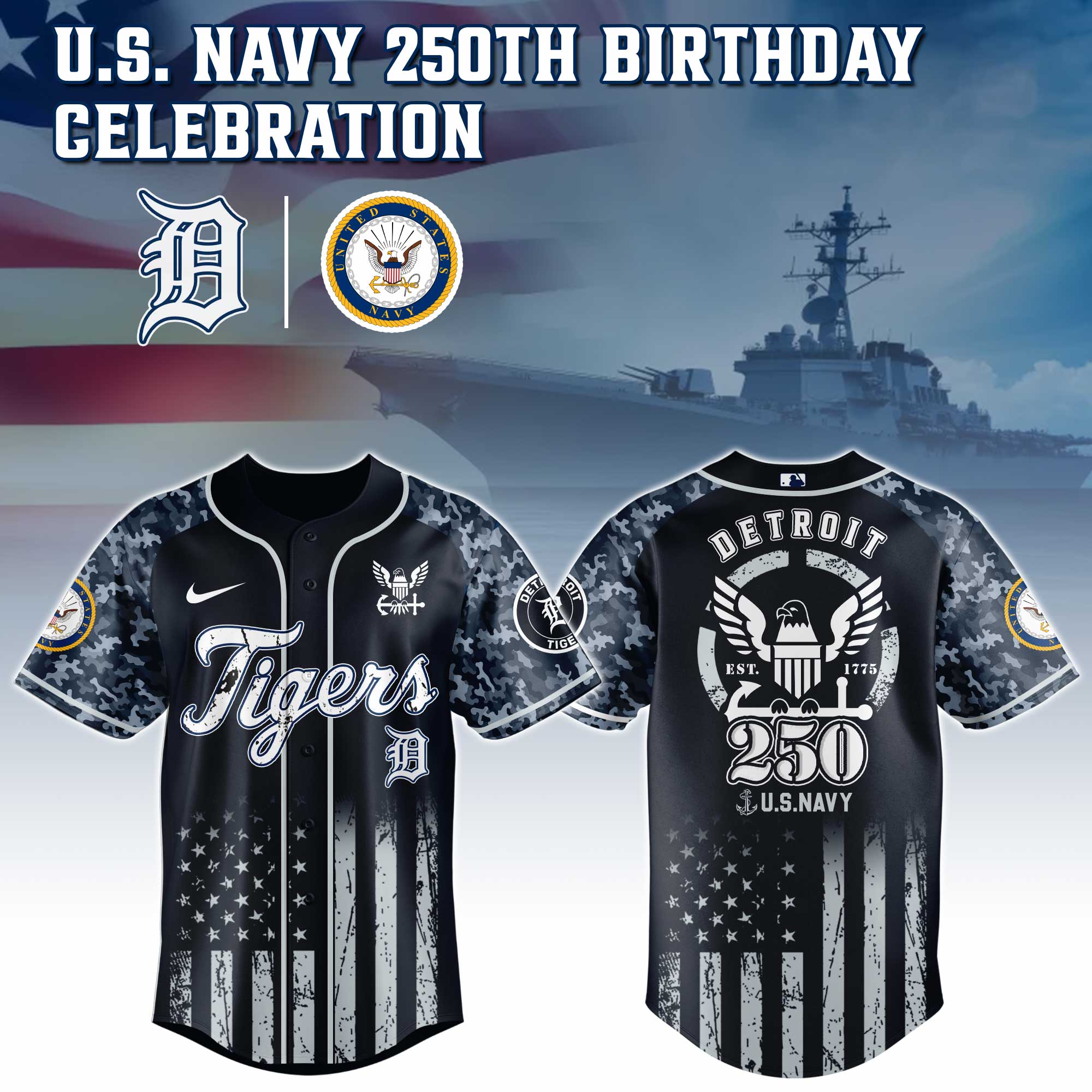 Detroit Tigers Mlb X 250 U.s. Navy Baseball Jersey