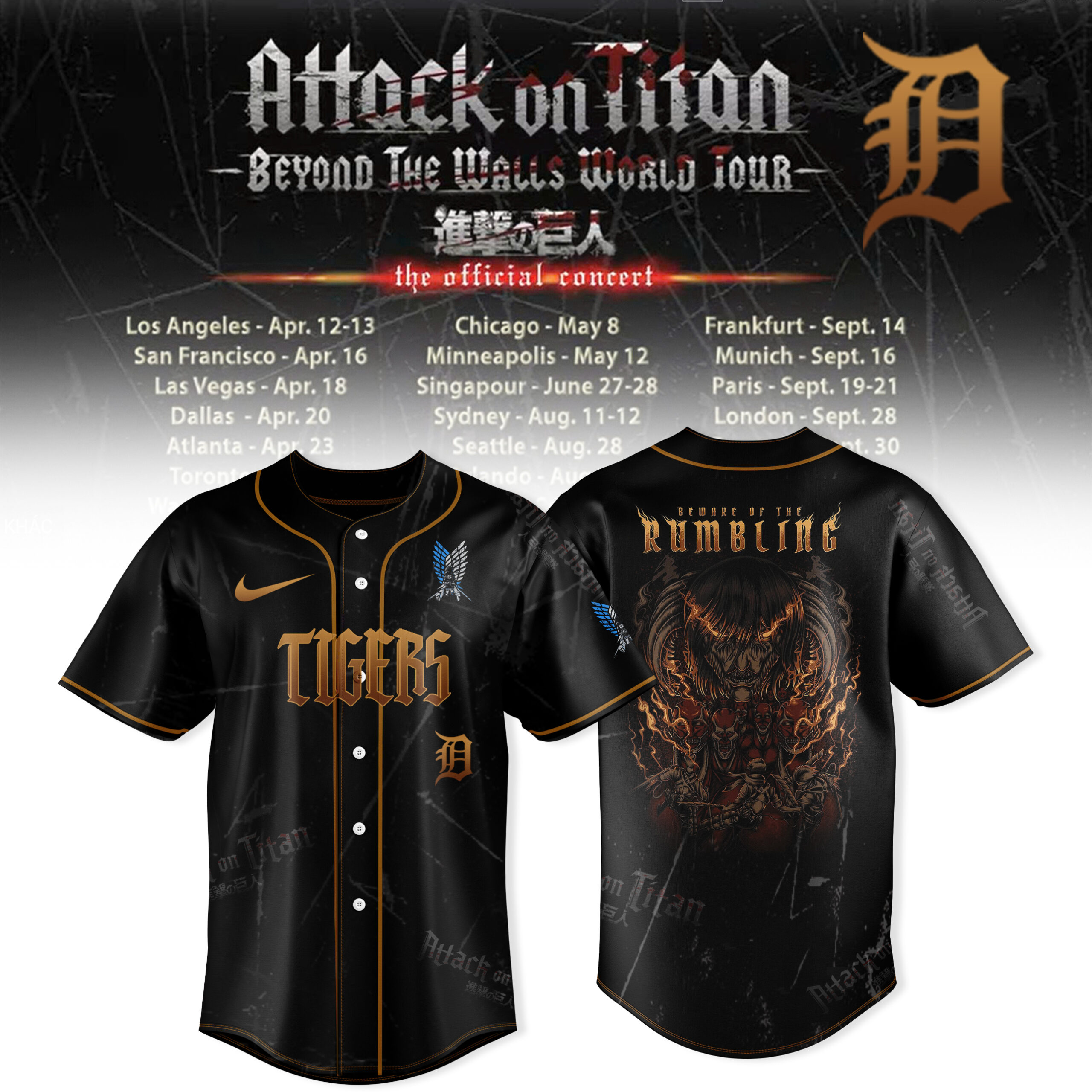Detroit Tigers Mlb X Attack On Titan Beyond The Walls World Baseball Jersey
