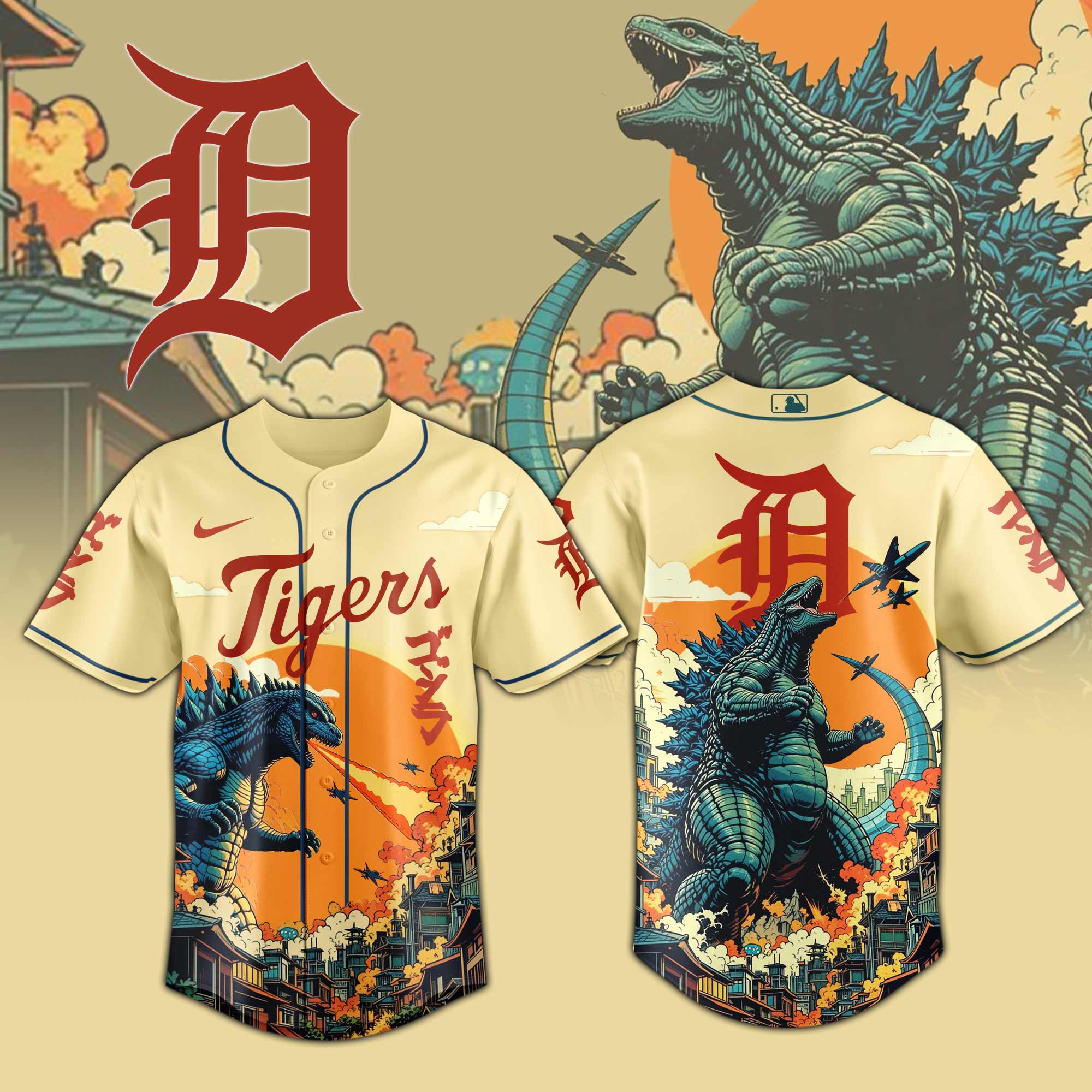 Detroit Tigers Mlb X Godzilla Attack Baseball Jersey