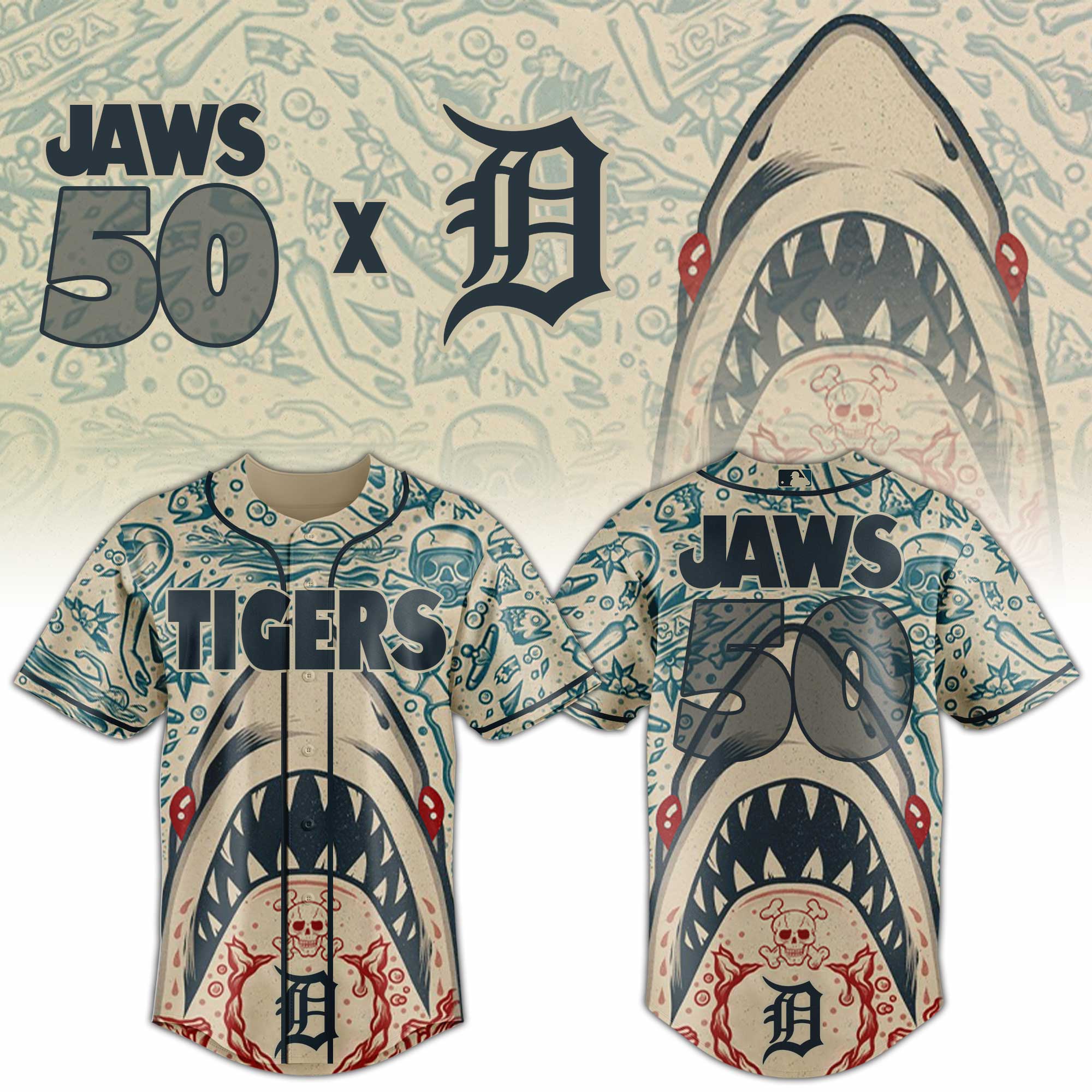 Detroit Tigers Mlb X Jaws 50th Anniversary Baseball Jersey