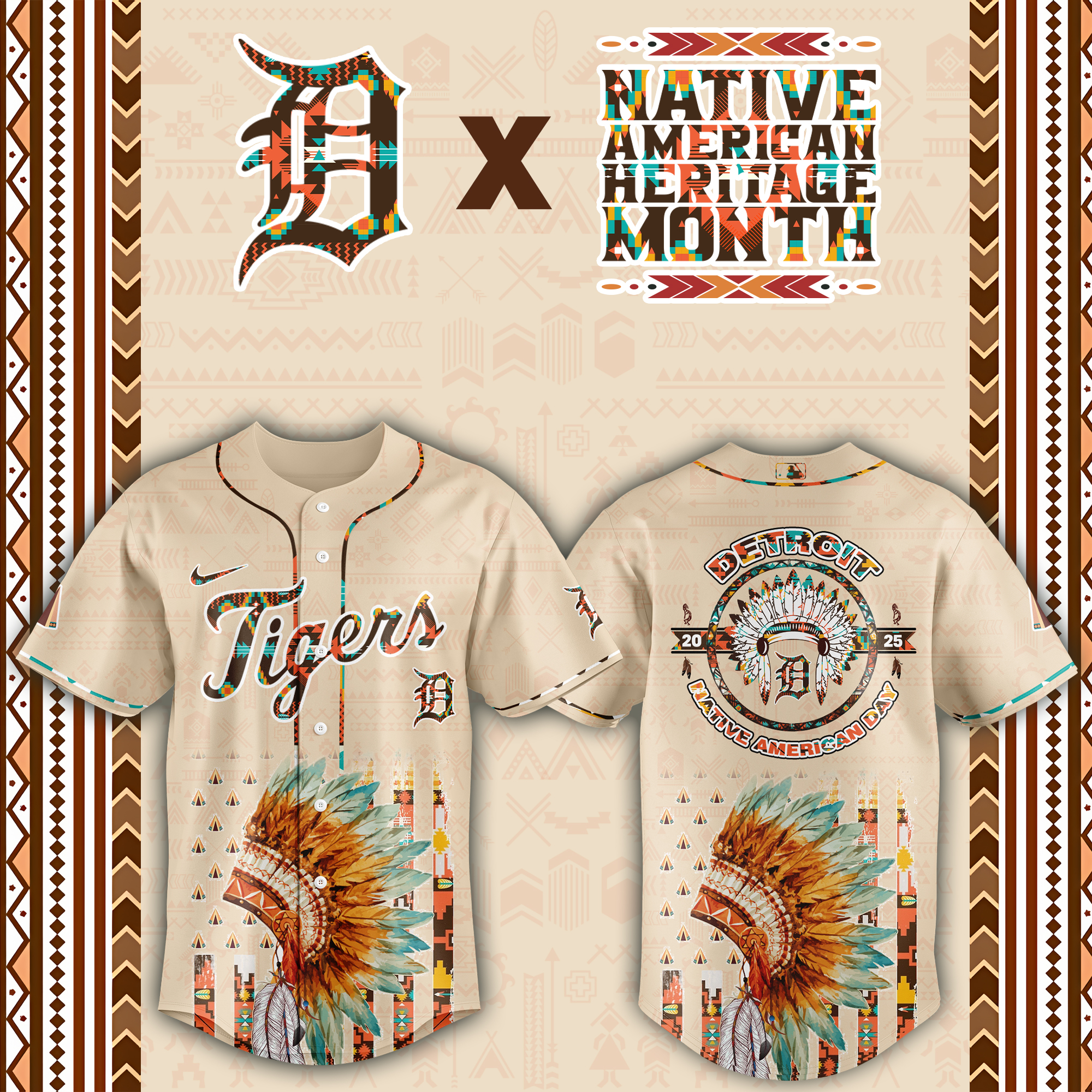 Detroit Tigers Native American Heritage Month Custom Baseball Jersey