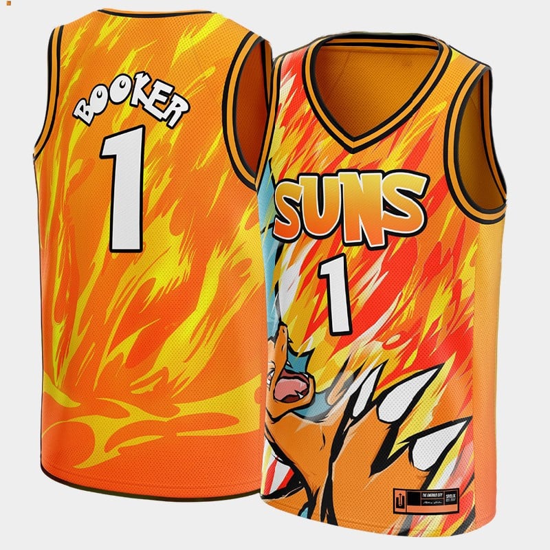 Devin Booker 1 NBA Pokemon Phoenix Suns Orange Basketball Jersey Cartoon - JS272 
