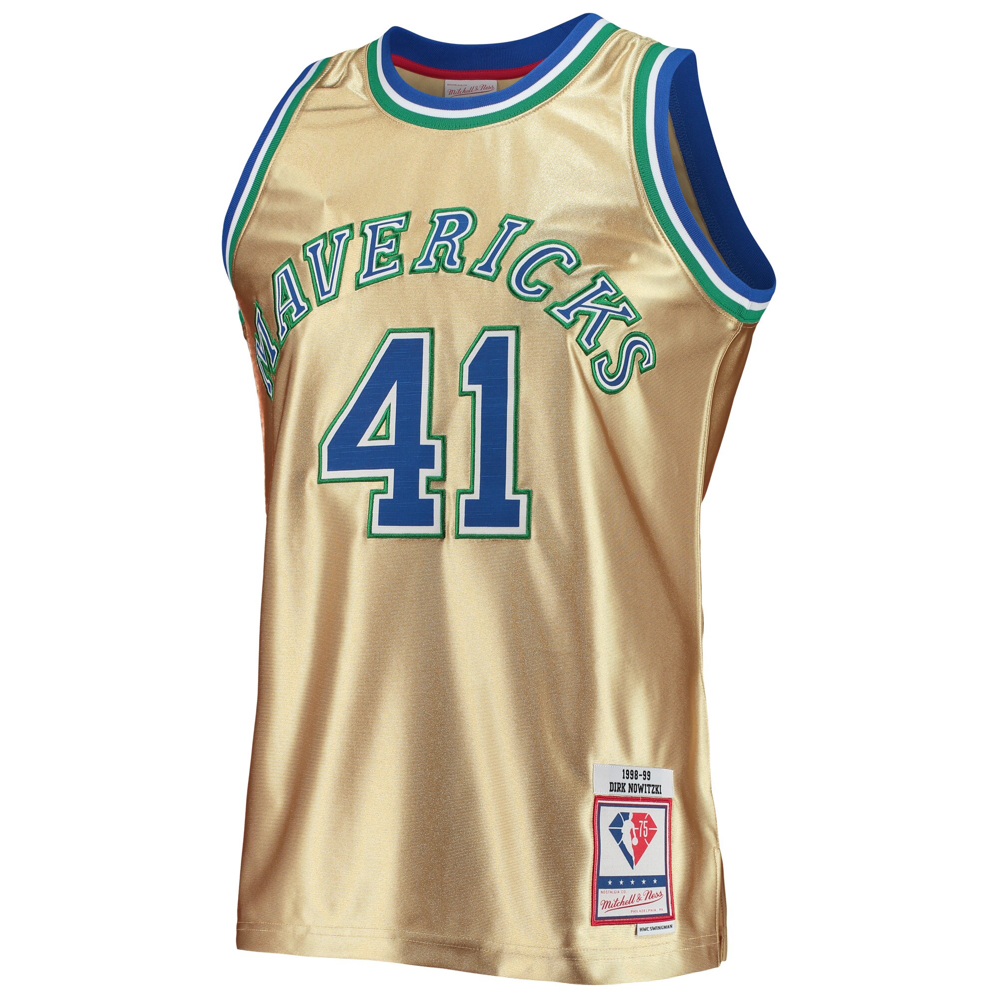Alternative view of Dirk Nowitzki Dallas Mavericks Mitchell & Ness 75th Anniversary 1998/99 Hardwood Classics Swingman Basketball Jersey - Gold