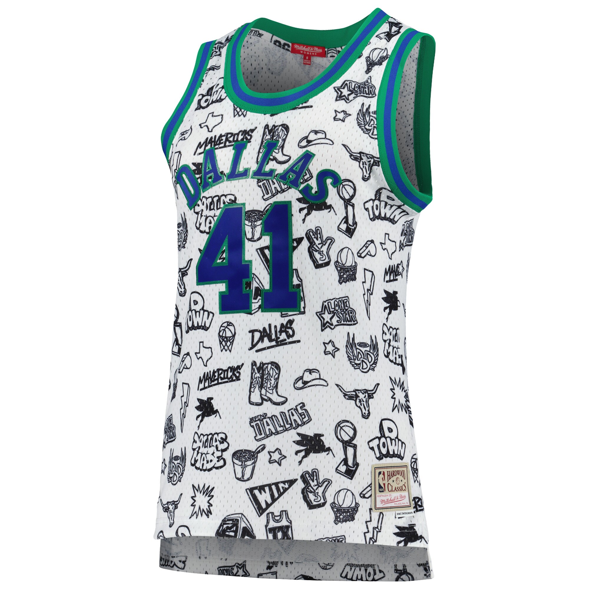 Alternative view of Dirk Nowitzki Dallas Mavericks Mitchell & Ness Women's 1998 Doodle Swingman Basketball Jersey - White